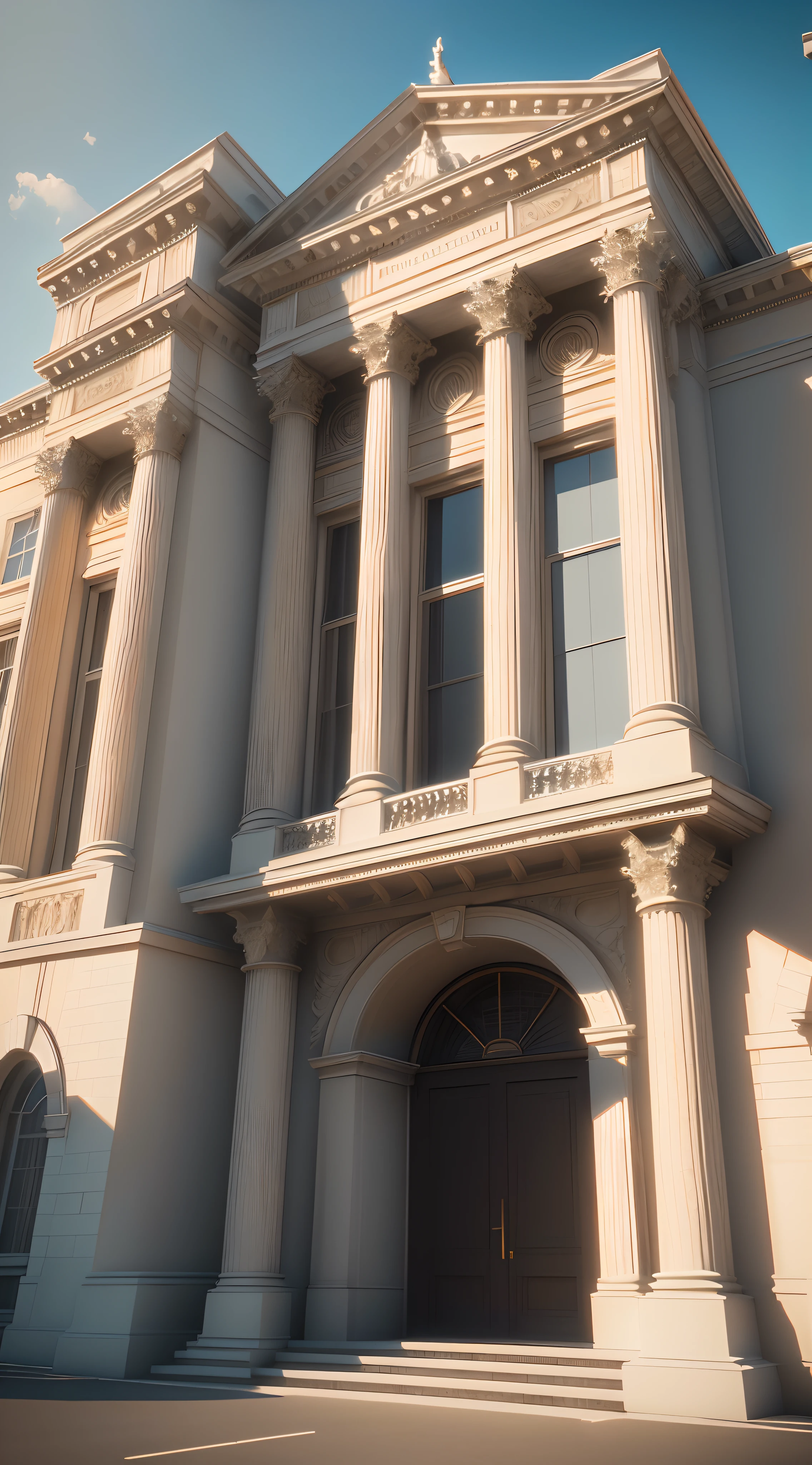 there is a full body of large two story building with a clock on the front of it, neo classical architecture, detailed classical architecture, neo - classical style, classicism artstyle, neoclassical architecture, classical architecture, cinematic architectural scale, neoclassicism style, rendered in cinema4d, rendered in cinema 4 d, classicism style, neoclassical style, render in vray