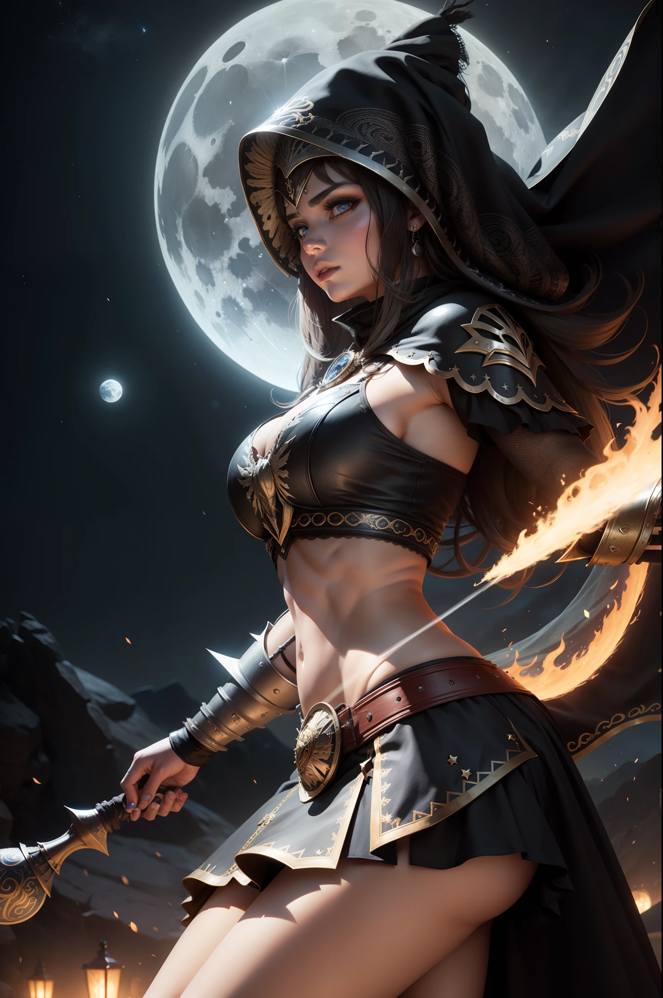 "hermosa bruja con armadura de luna llena Ultra-realist, 8K, Full HD"