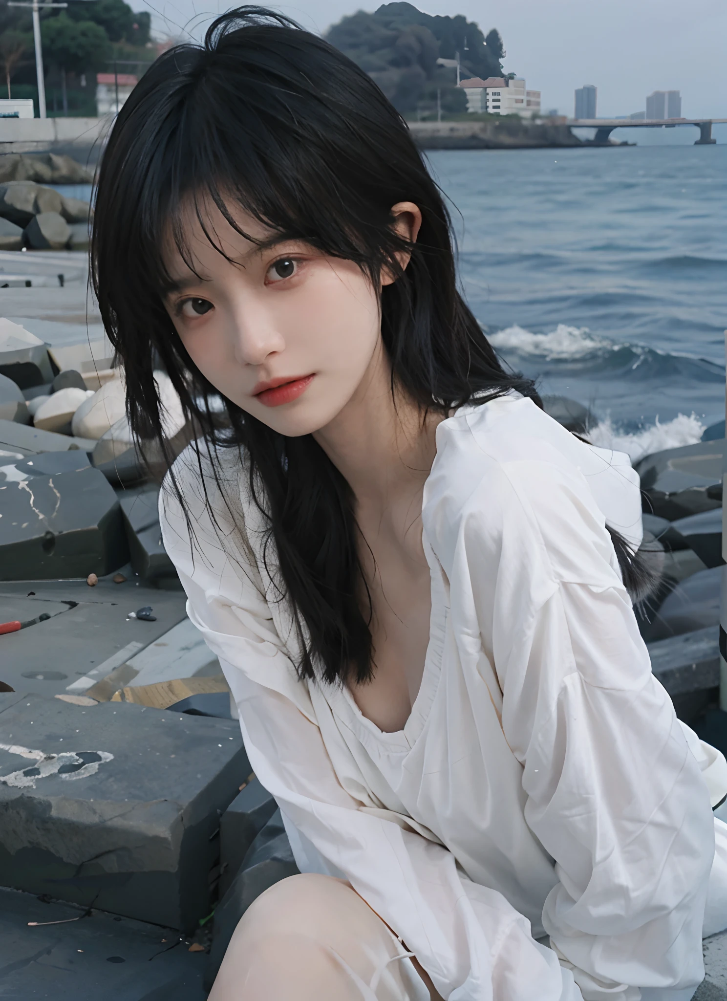 best qualtiy，tmasterpiece，超高分辨率，（realisticlying：1.4），1girll，Raised sexy，（The shirt：1.2），（brassier：1.2），（big cleavage breasts：1.3），（The upper part of the body：1.4），Beach by the sea，natta