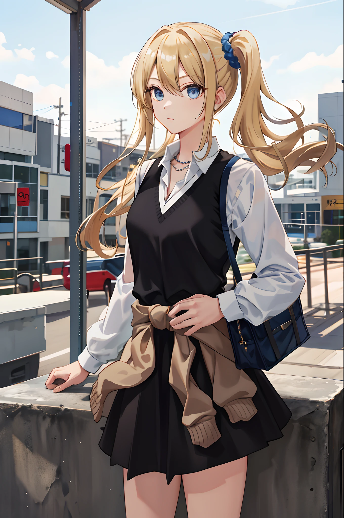 masterpeace, best quality, highres, 1girl, solo, hayasaka ai, blue scrunchie, side ponytail, hair between eyes, blue eyes, blonde hair, hair ornament, breasts, school uniform, collared shirt, hair scrunchie, clothes around waist, bangs, black socks, black vest, long hair, long sleeves, cardigan, sidelocks, kneehighs, dress shirt, necklace, collarbone, black dress, jewelry, sweater, cowboy shot, standing,