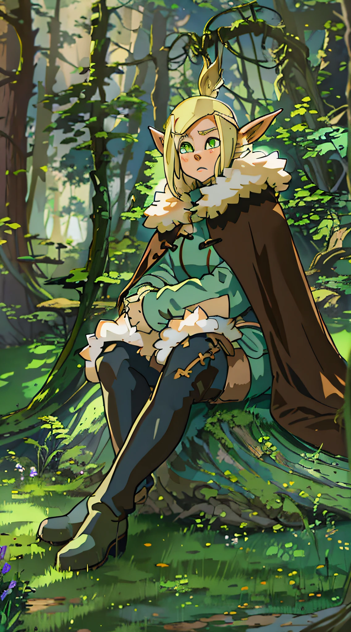 masterpiece, best quality, evangelyneyoung, fur cape, 1girl, blonde hair, boots, day, forest, fur trim, gloves, green eyes, log, nature, outdoors, pointy ears, rock, sitting, solo, sunlight, thigh boots, thighhighs, tree, tree stump