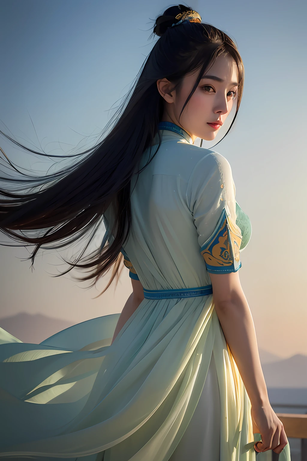 1baby,Dunhuang flying costume,Long messy hair,JI Jian,Dunhuang style,A lot of smoke,exquisite,elegant colors,(realisticlying,high detal,tmasterpiece,ultra - detailed,dynamic angle,Mural background,water ink,astounding,cinmatic lighting,illustratio,lightand shade contrast,The light from the back window is backlighted,God Ray,Netherlands,Best quality at best,Best quality at best