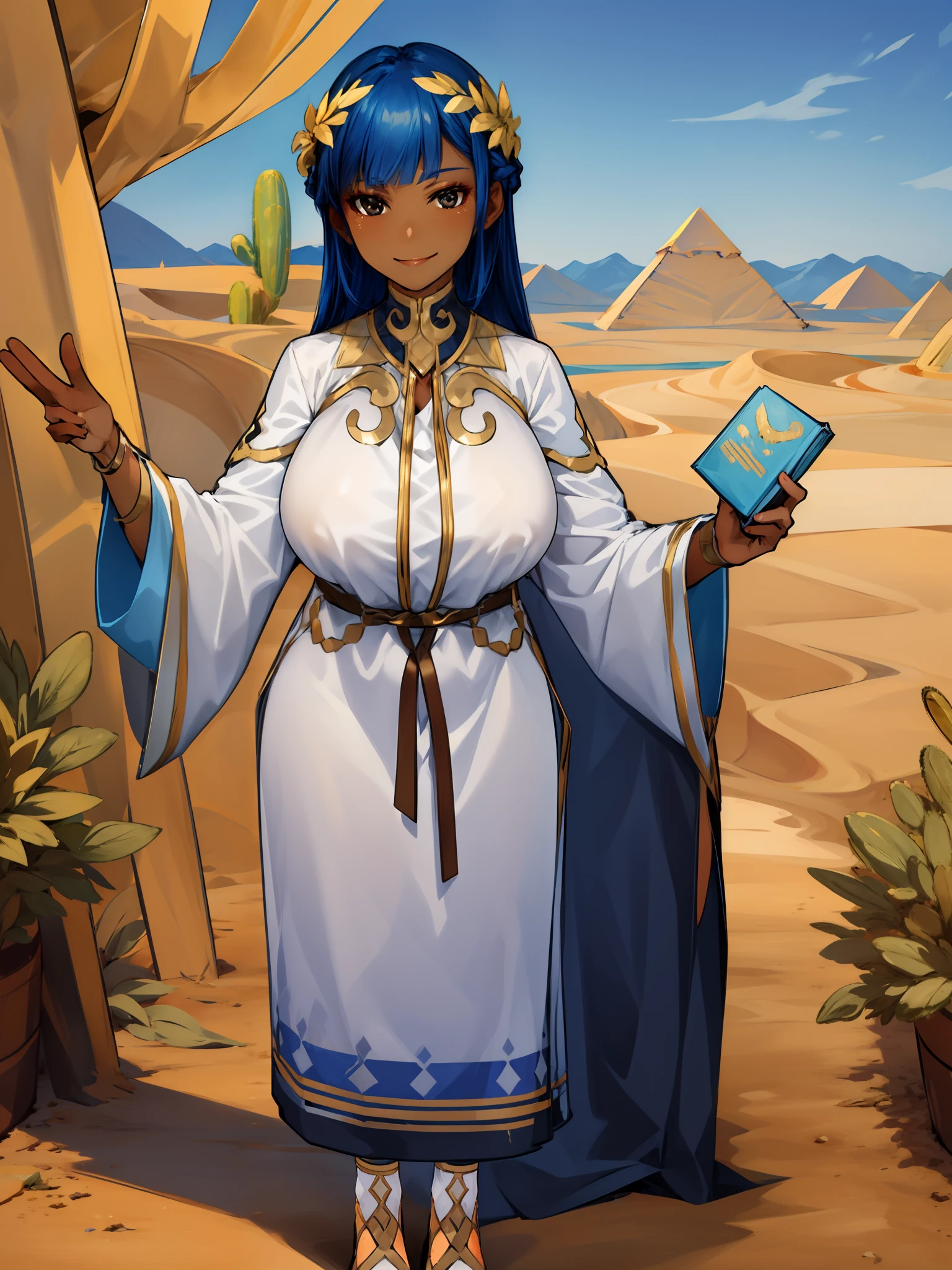 masterpiece, best quality, 1girl,(dark_skin:0.2), cute pose, smiling, white robes, long skirt, ((((desert)))), oasis, looking at viewer, holding a book, beautiful scenery, pyramids, long hair, dynamic pose, ultra-detailed, unity 8k HD wallpaper, sunny,huge breast, walking