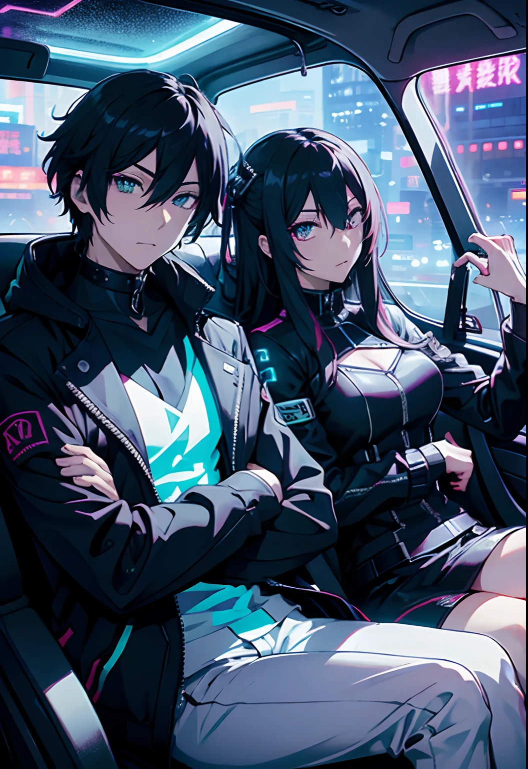 tmasterpiece, high detal, Locoro style couple, Sitting in Car,, cyber punk style, 城市, neonlight, Lots of lighting.