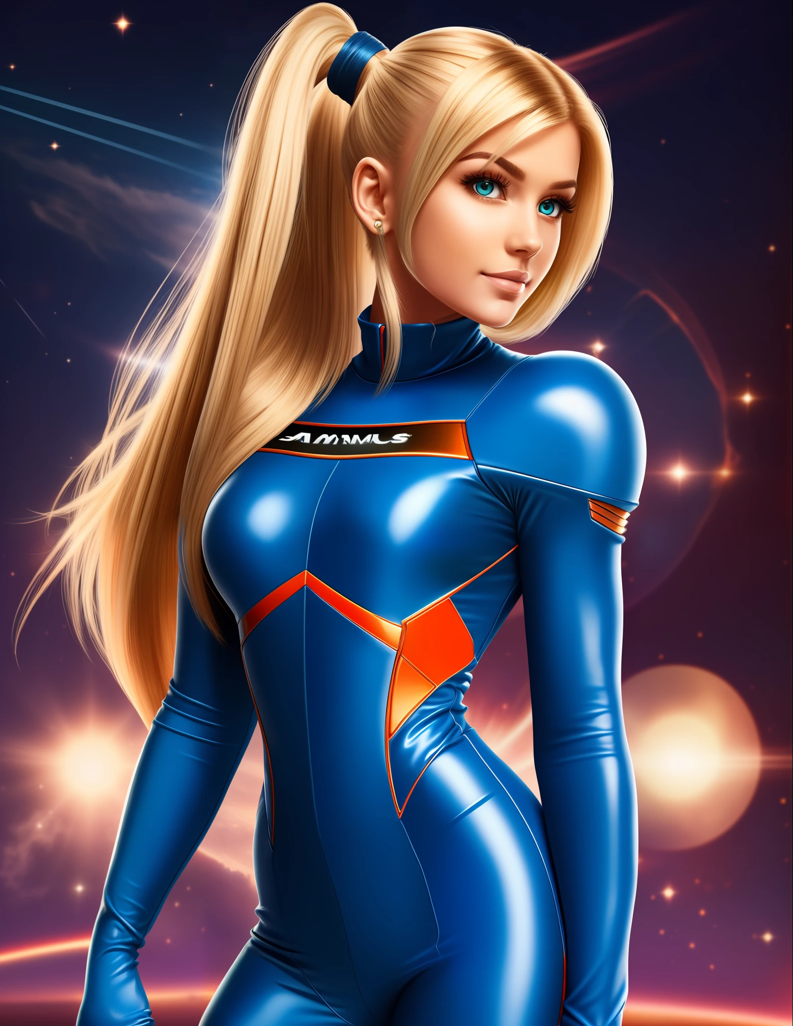 cute blonde woman wearing a blue jumpsuit, long hair, ponytail hair, spaceship background, sexy photo(samus aran) --auto --s2