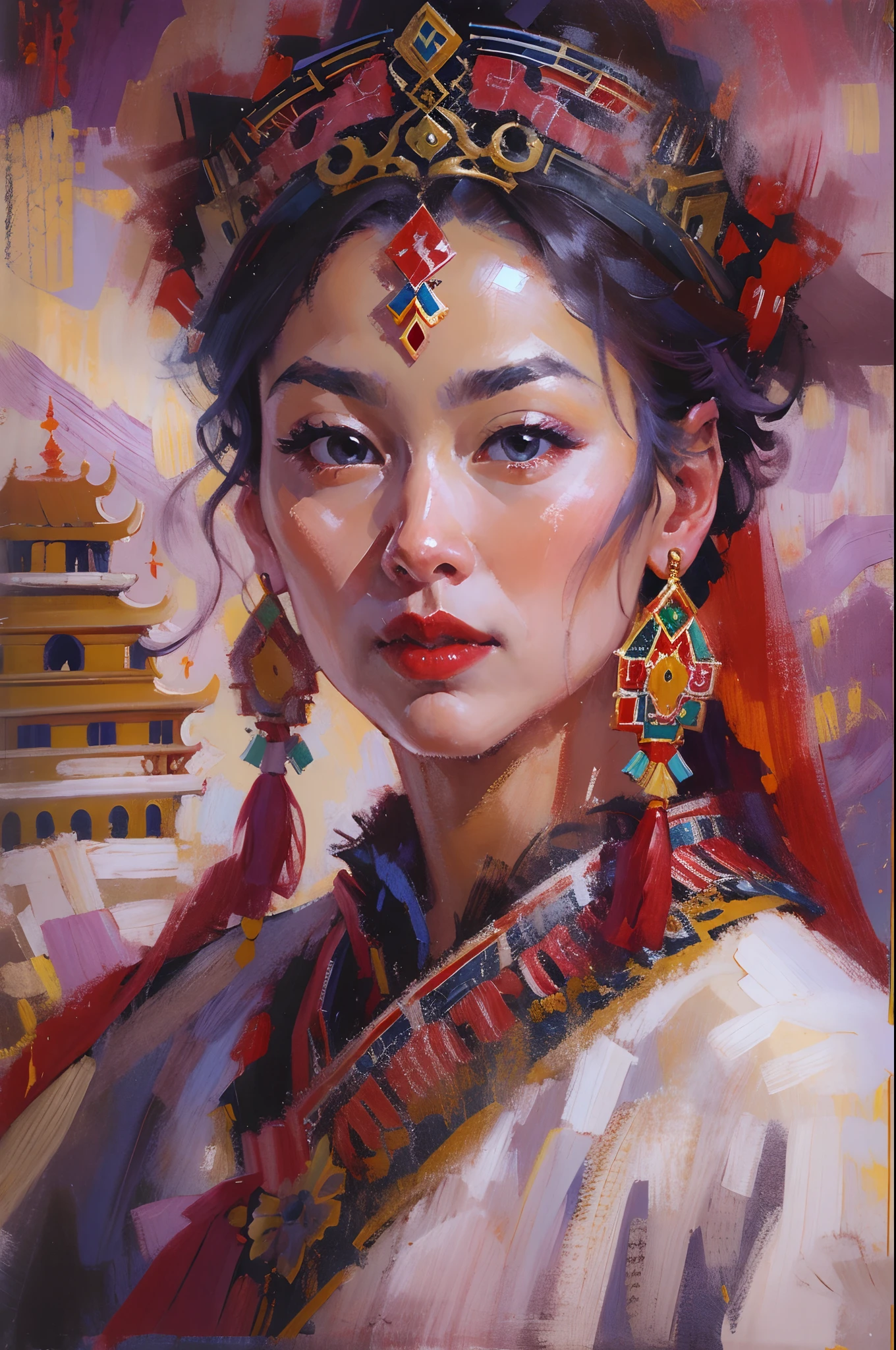 Potala Palace in Tibet，Beautiful Tibetan girl，Tibetan costumes，White hada in hand，Dance，cabelos preto e longos，Sexy and seductive red lips，closeup cleavage，Close-up strengthened，portraitures，oil painted，inks，acrycle painting，tmasterpiece，Renaissance style，best qualtiy，A high resolution，super-fine，Eyes detailed，Face detailed，hair detail，Accurate，Clear eye focus close-up