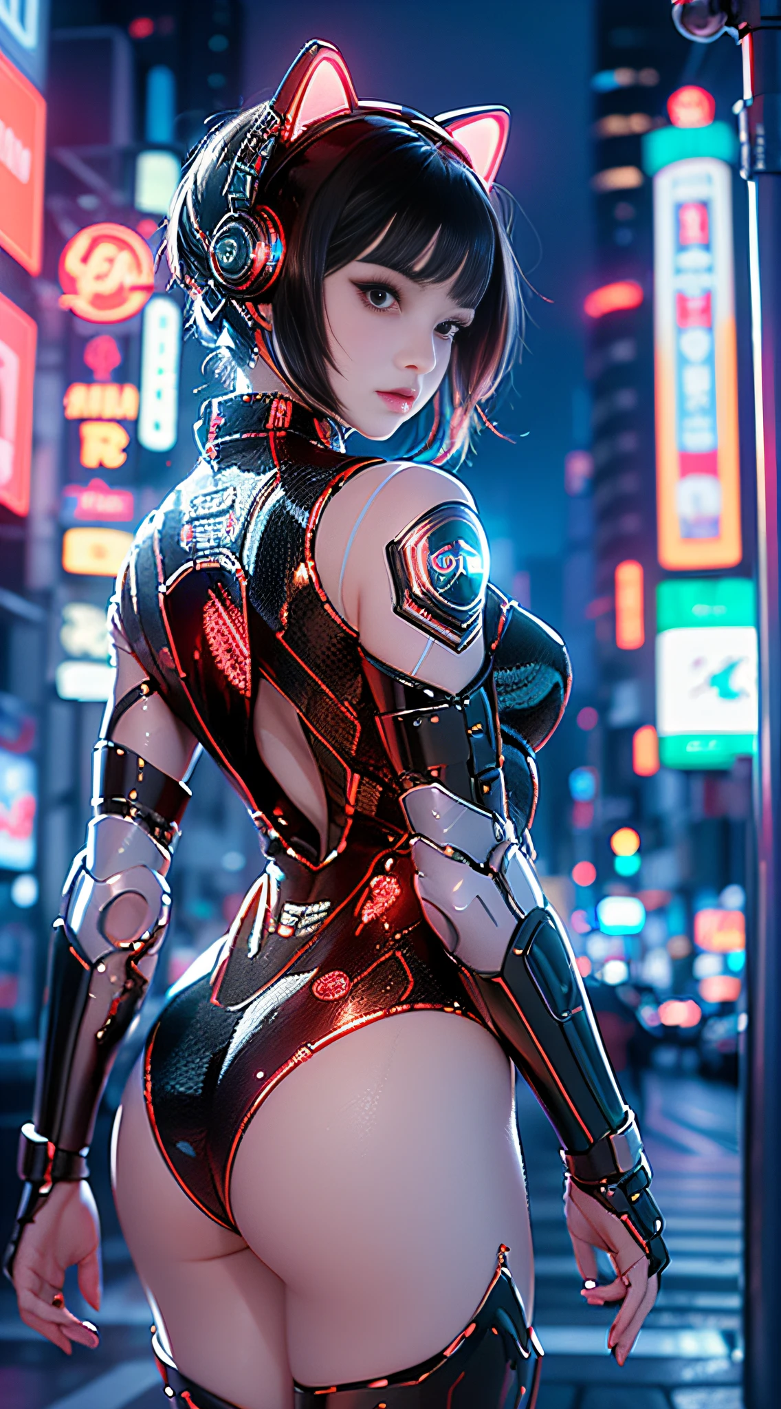 Super Resolution, (Realistic: 1.3) 1 girl, cyberhan, Cyberpunk City, Night, neons, lantern, Solo, Delicate face, Delicate eyes, Short hair, Cat, Full body, Back, Back to audience