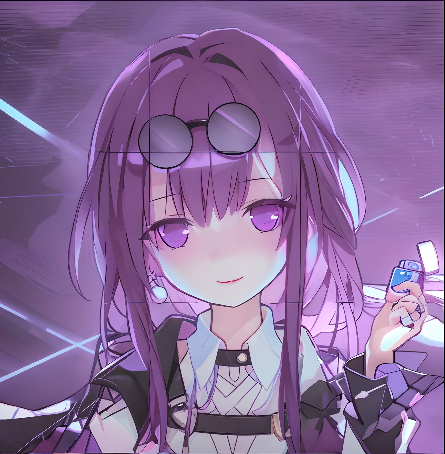 anime girl with purple hair and sunglasses holding a cell phone, anime moe art style, anime visual of a cute girl, A scene from the《azur lane》videogame, Ayaka Genshin impact, From Arknights, portrait gapmoe yandere grimdark, from girls frontline, girls frontline style, azur lane style, Best anime 4k konachan wallpaper, visual novels CG