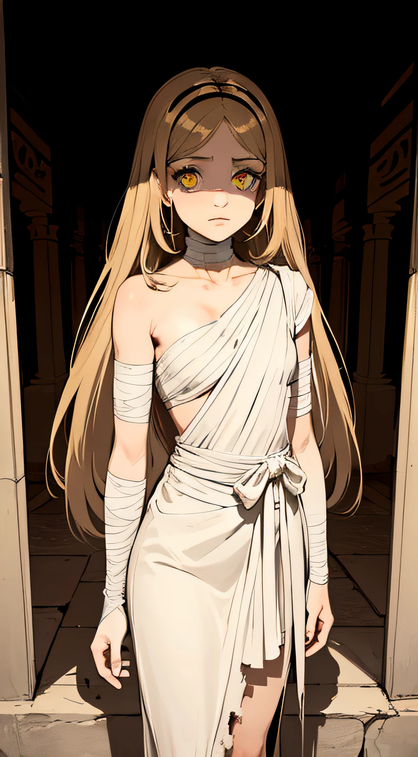 (flat color:1.4),1girl, solo focus, mummy, mummy custom, her hair in wrapped and concealed under bandages, only a few loose strands or wisps peeking out, pale hair, ashen hair color, air of mystery, glowing eyes, ethereal eyes, yellow eyes, eerie yellow, almond eyes, elongated eyes, thin eyebrows, wispy eyebrows, covered lips under bandages, adorned in tattered, beige-colored bandages that wrap around her body,Portray the mummy girl in a graceful and slightly haunting pose, ancient tomb, crumbling walls, hieroglyphs, muted tones, earthy tones, shades of brown, beige, and faded gold, soft lighting, diffused lighting, gentle shadows on the bandages, glowing symbols emanating from the mummy girl's body,