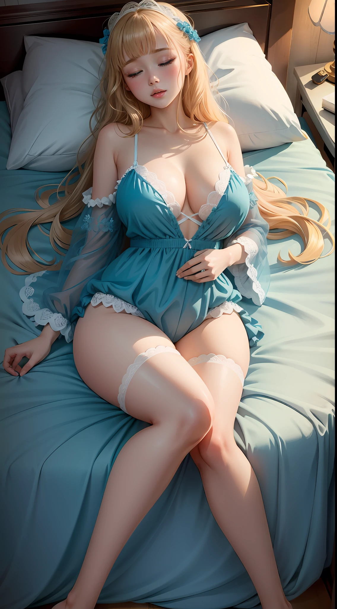 Sleeping girl,22 year old,realisticlying,huge tit,Untie vanadium,She wears lace panties,Wearing aqua blue tulle pajamas,golden hair。Masterpiece, A high resolution, Extremely detailed, Character, White skin of the, Blush,Penetrating,Erogenous posture,Long legs