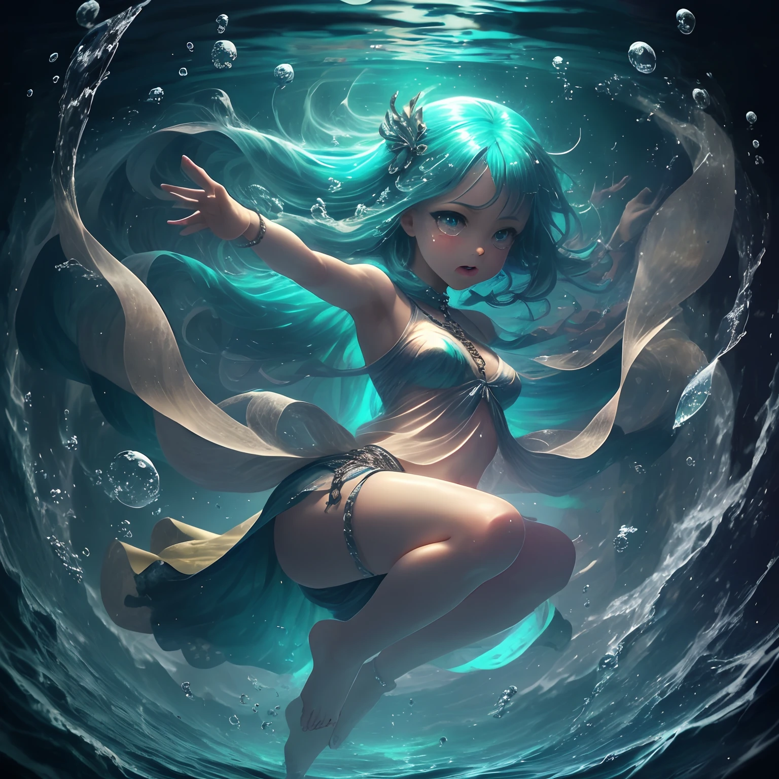 1Man Elves、Dancer's clothes、Young Elves、Fluttering clothes、See-through,Implicit panty shots,translucent clothes、length hair、bright green hair、Hand flail、fetters、hands tied up、tied legs、Feet fixed on the seabed、Heavy chains、Freediving、Jump into the water、abyssal、Dive to the bottom of the ocean,Planktonic,Sinking to the bottom of the water、Looked、opened mouth、Pointed upwards、Twisted body、arched back、twisted hips、Weakened、Arched upper body、I turned my body around、Wriggled the whole body、legs open、Arms lifted、Feet swam、Belly dance、Legs opened、Dance with swinging hips、profile、Sensational dance、bblurry,Many bubbles、dynamic ungle、low angles、Cute art style, Highly detailed artwork,anime in fantasy style, Stylized anime,anime cover, anime fantasy illustration, Anime Artwork, Anime Art Style, beautiful anime art style