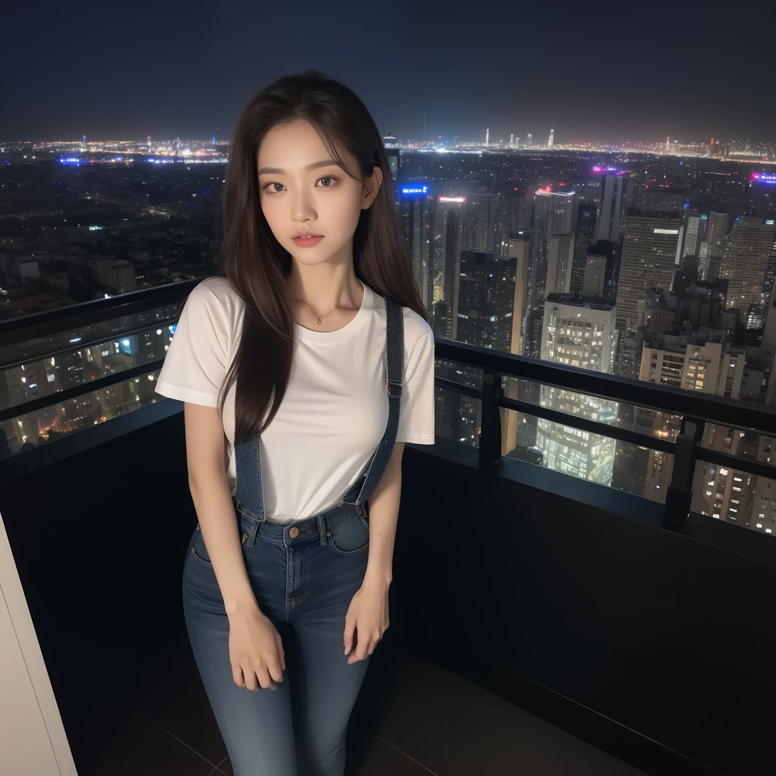 ((Midnight, Best quality, 8k, Masterpiece :1.3)), Whole body, Long legs, Sharp focus :1.2, A pretty woman with perfect figure :1.4, Slender abs :1.1, ((Dark brown hair, Big breasts :1.2)), (White tight tshirt, Jean bib, Standing:1.2), ((Night city view, Rooftop:1.3)), Highly detailed face and skin texture, Detailed eyes, Double eyelid