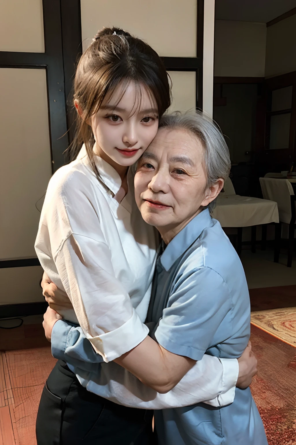 best images quality,RAW photos,超高分辨率,a chinese and beautiful women,An old Chinese man,The two hugged each other