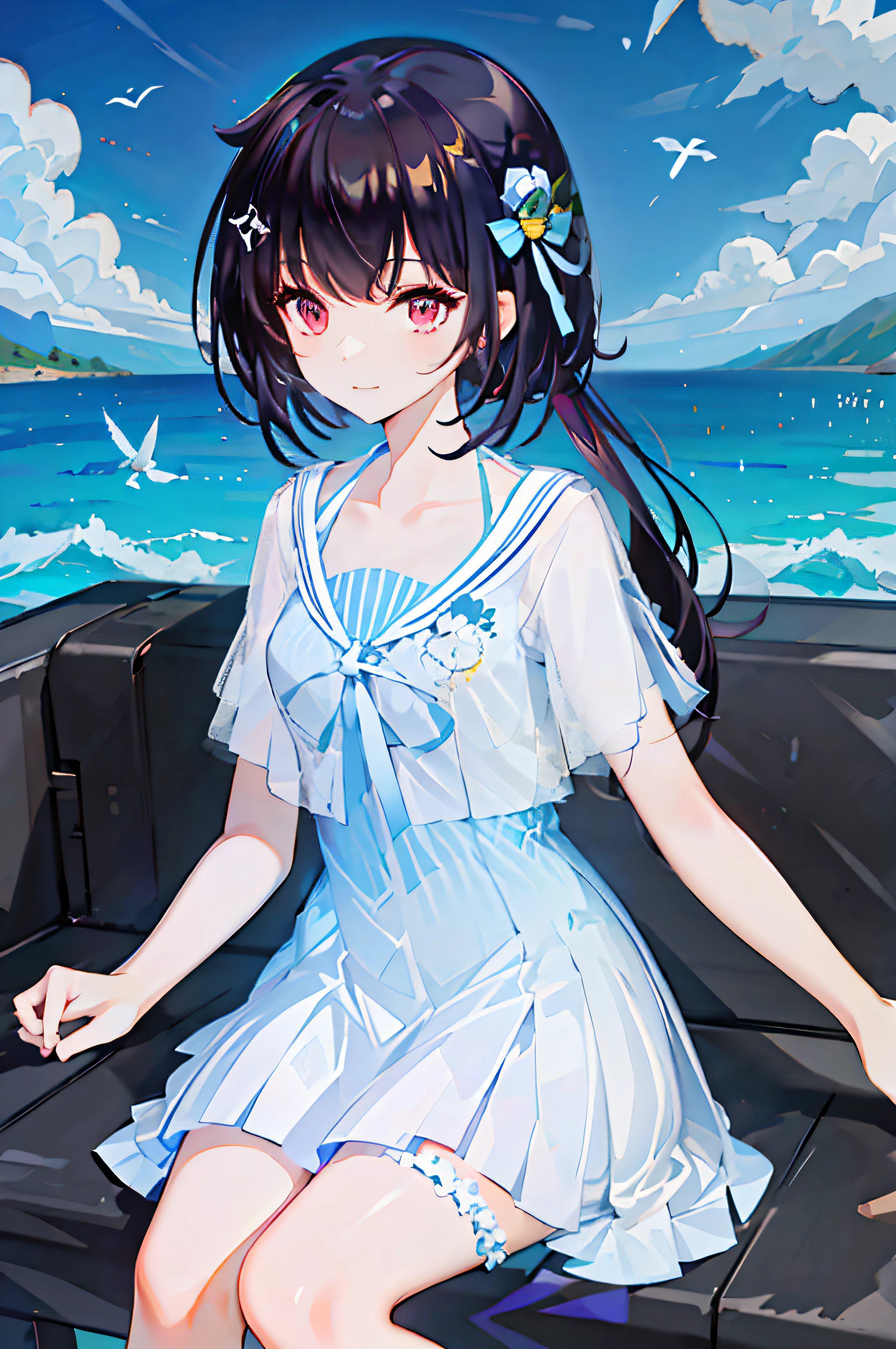 Beautiful dynamics,Seagulls fly,beautiful Girl,stand posture,Emoji smile,Clouds in the distance,high detal,