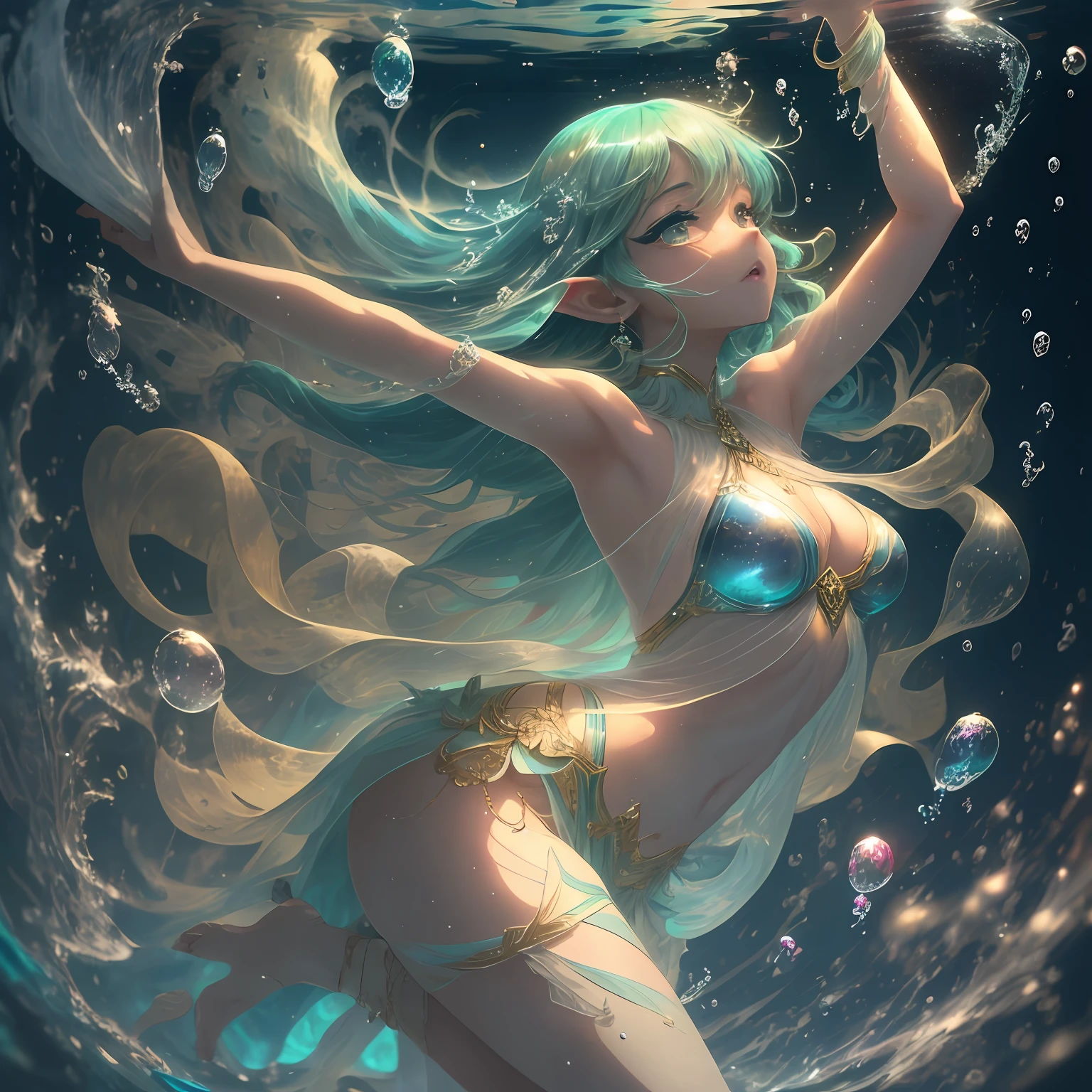 1Man Elves、Dancer's clothes、Young Elves、Fluttering clothes、See-through,Implicit panty shots,translucent clothes、length hair、bright green hair、Hand flail、fetters、hands tied up、tied legs、Feet fixed on the seabed、Heavy chains、Freediving、Jump into the water、abyssal、Dive to the bottom of the ocean,Planktonic,Sinking to the bottom of the water、Looked、opened mouth、Pointed upwards、Twisted body、arched back、twisted hips、Weakened、Arched upper body、I turned my body around、Wriggled the whole body、legs open、Arms lifted、Feet swam、Belly dance、Legs opened、Dance with swinging hips、profile、Sensational dance、bblurry,Many bubbles、dynamic ungle、low angles、Cute art style, Highly detailed artwork,anime in fantasy style, Stylized anime,anime cover, anime fantasy illustration, Anime Artwork, Anime Art Style, beautiful anime art style