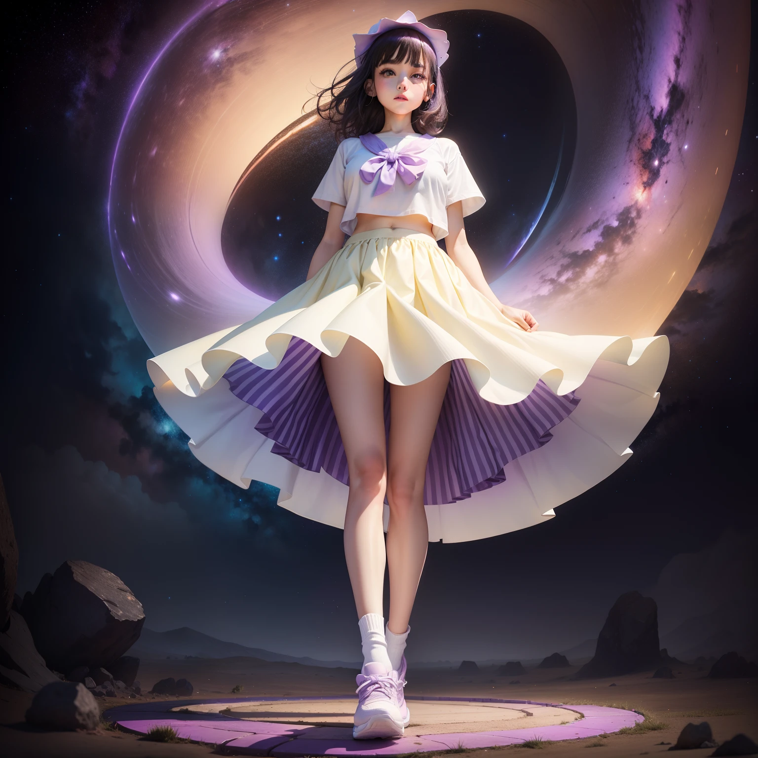 Beautiful girl standing under the milky way wearing light purple wavy shoes, Light yellow socks, big white legs, The clothes worn by the white skirt show the belly