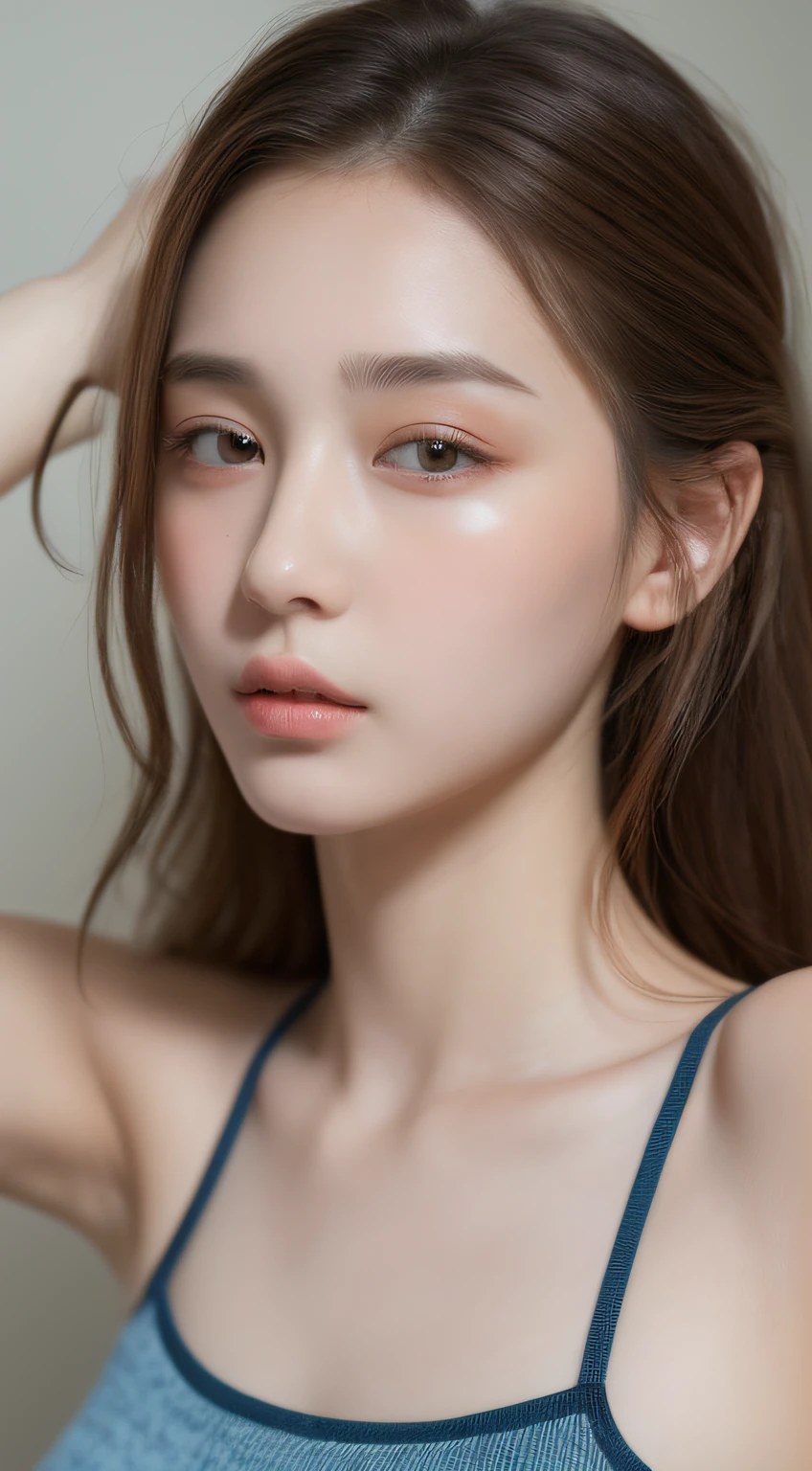 ((Best quality, 8k, Masterpiece :1.3)), 1girl, Pretty woman with emphasizing slender abs :1.3, (random hairstyles :1.2), Oversized tank top :1.2, Ultra-detailed face, Detailed eyes, Double eyelid, armpit