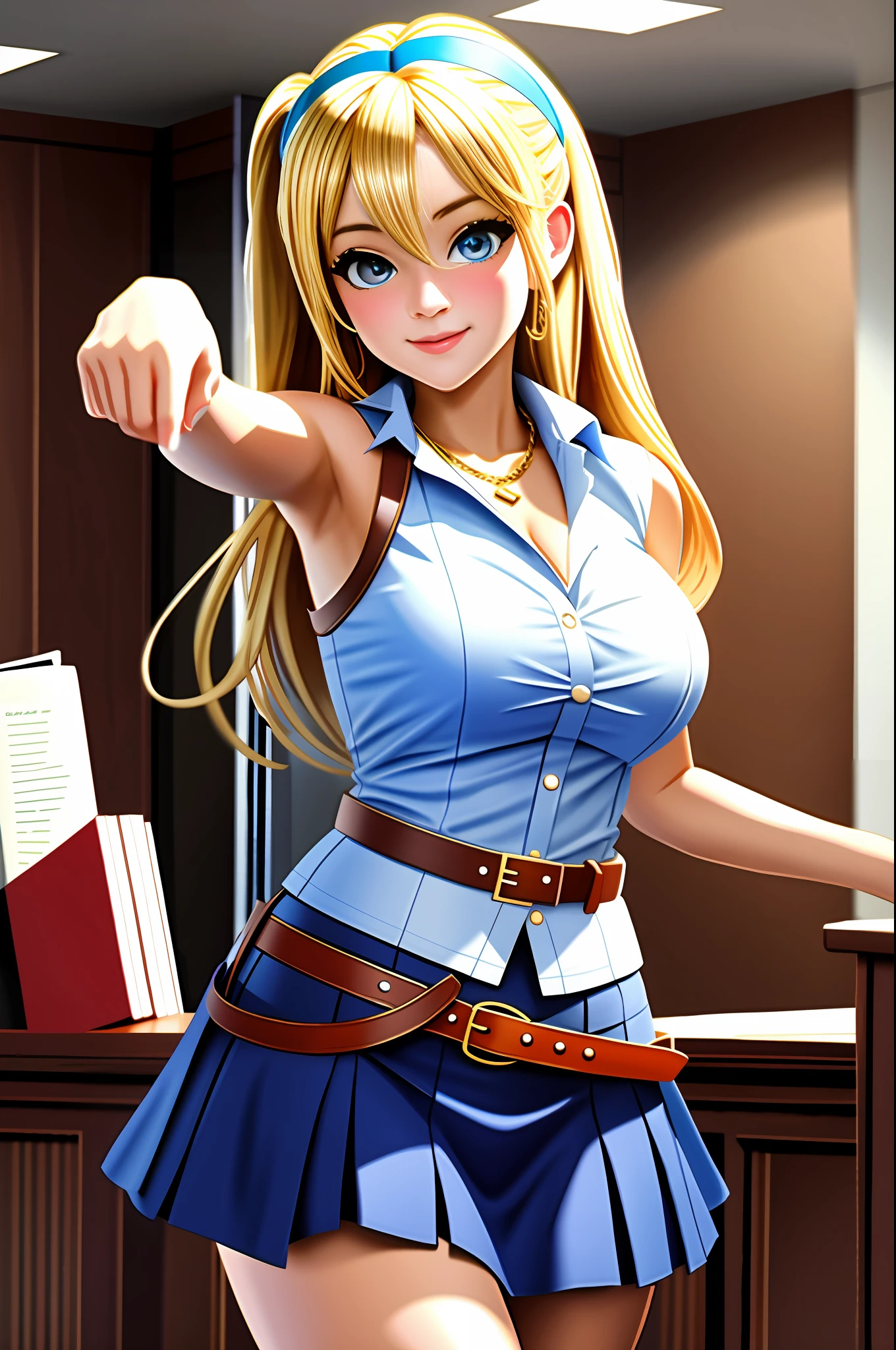 masterpiece, best quality, highres, lucy heartfilia, blonde hair, long hair, large breasts, white shirt, sleeveless, belt, blue skirt, cowboy shot, pointing, indoors, courtroom,