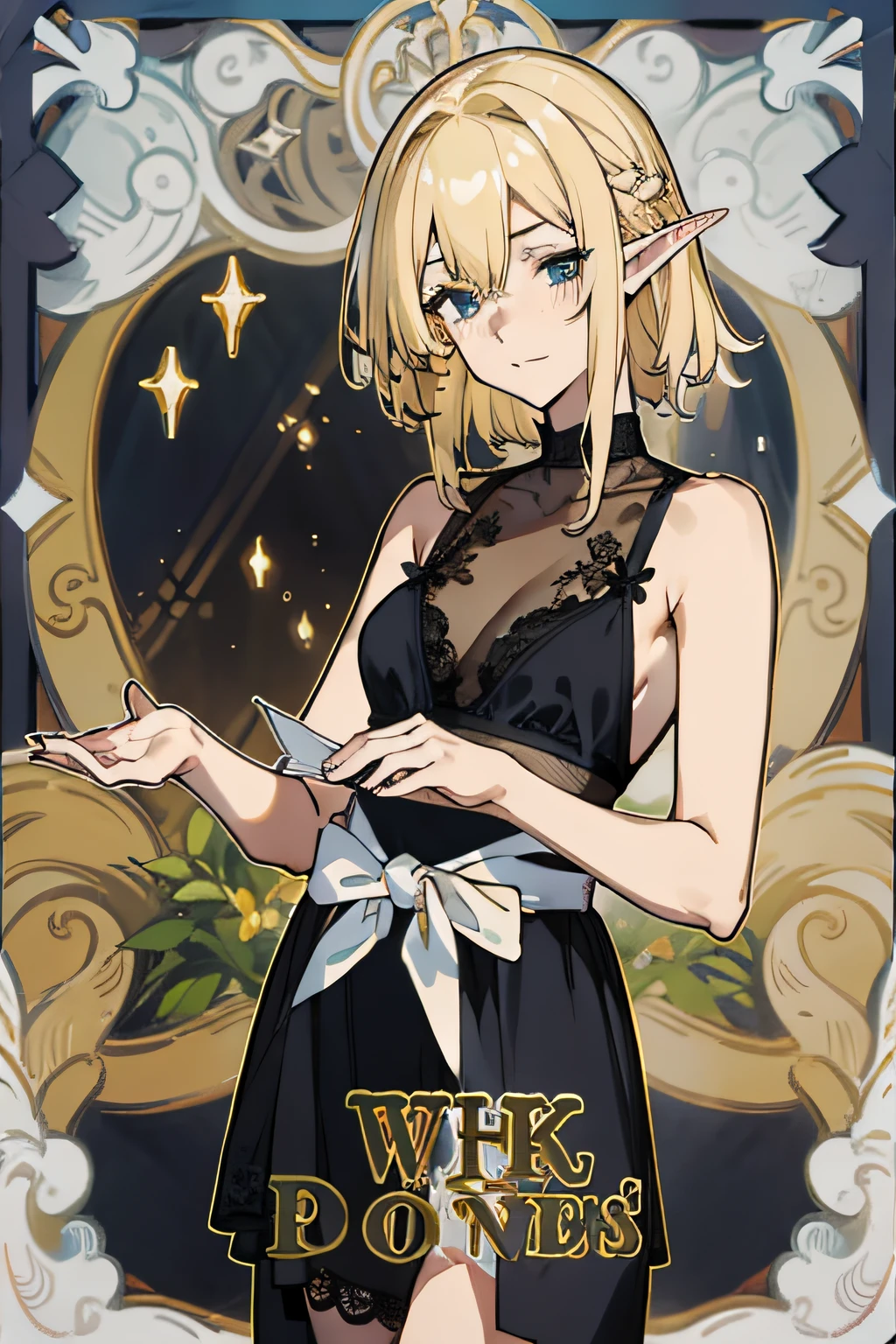 Blonde elf，A mature wife，Wearing a lace black bra，A blonde hair was scattered behind him，It was a hostess of a hostel