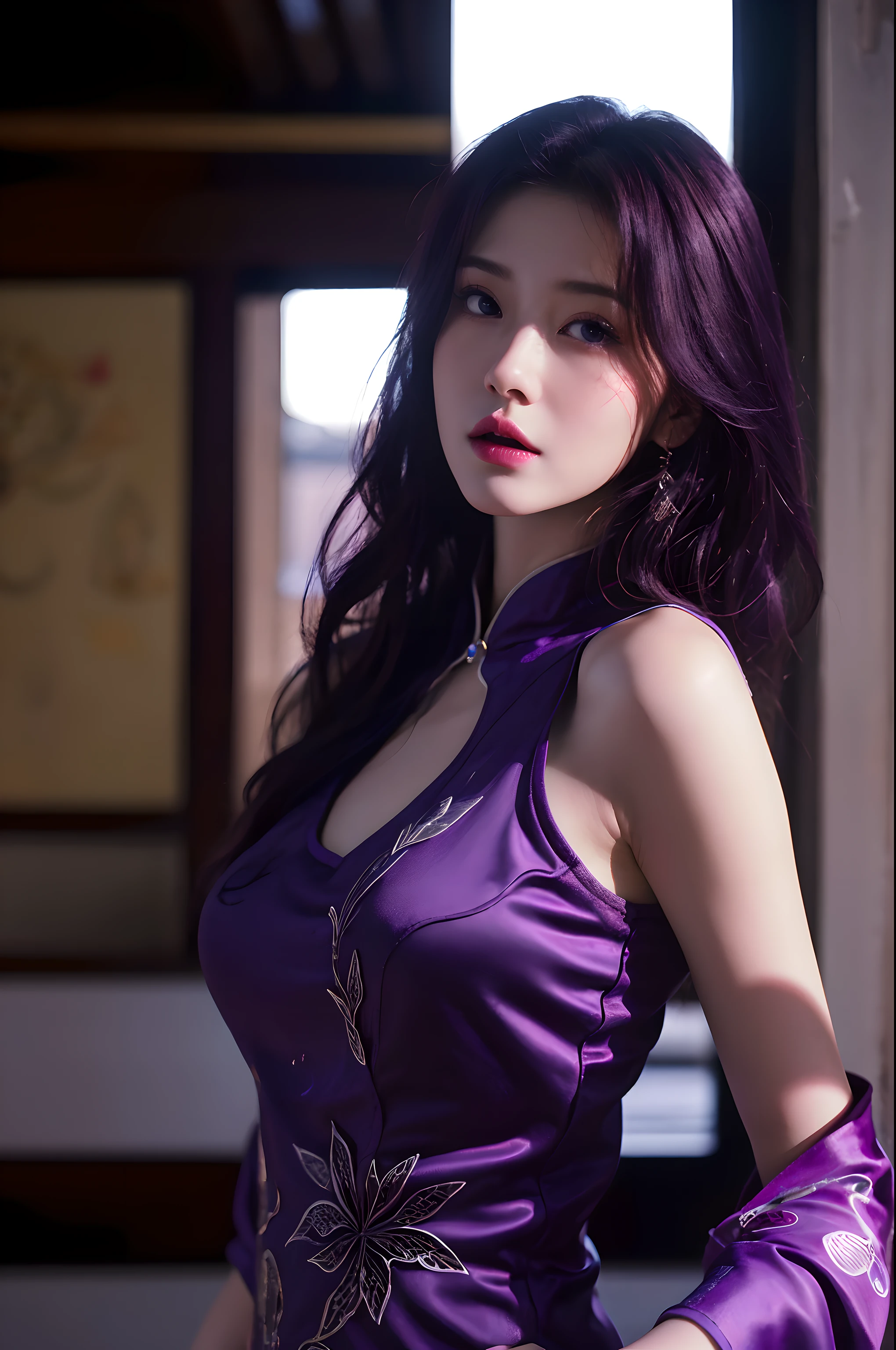 (8K,RAW photos,highest quality, masterpiece:1.2),(realistic art:1.2),1girl,character,Perfect world,Yun Xi,Chinese dress,pink lips,purple hair,mature girl,extremely detailed,blue sky,