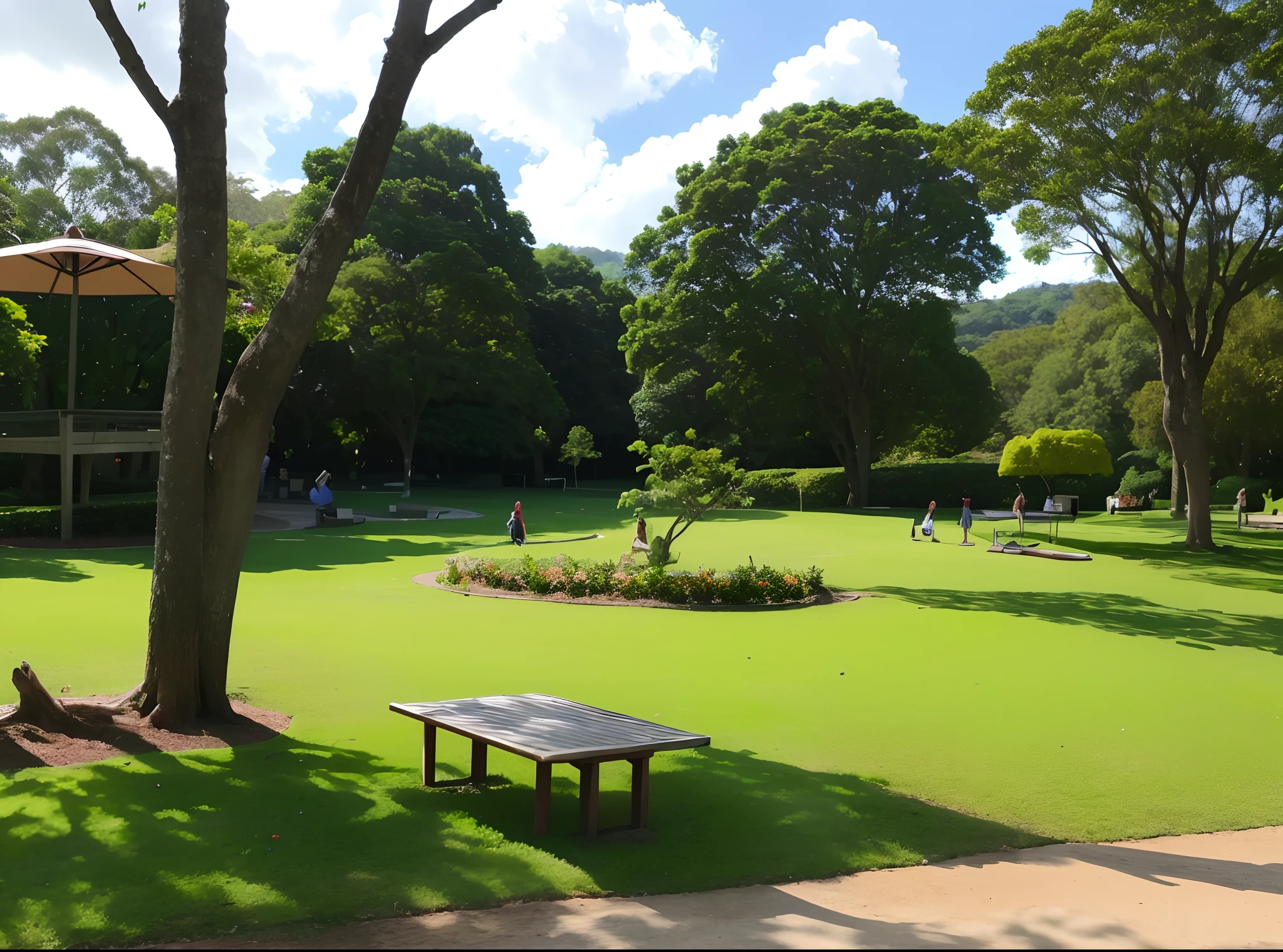 View of a grassy area with a tree and a picnic table, natural botanical gardens, botanic garden, um parque, Estacione em um dia ensolarado brilhante, botanic garden, belos arredores, tamborine, em jardins de maconha, com um parque nos fundos, Arredores exuberantes, ambiente ao ar livre, paisagem do parque, As Piscinas, em um parque