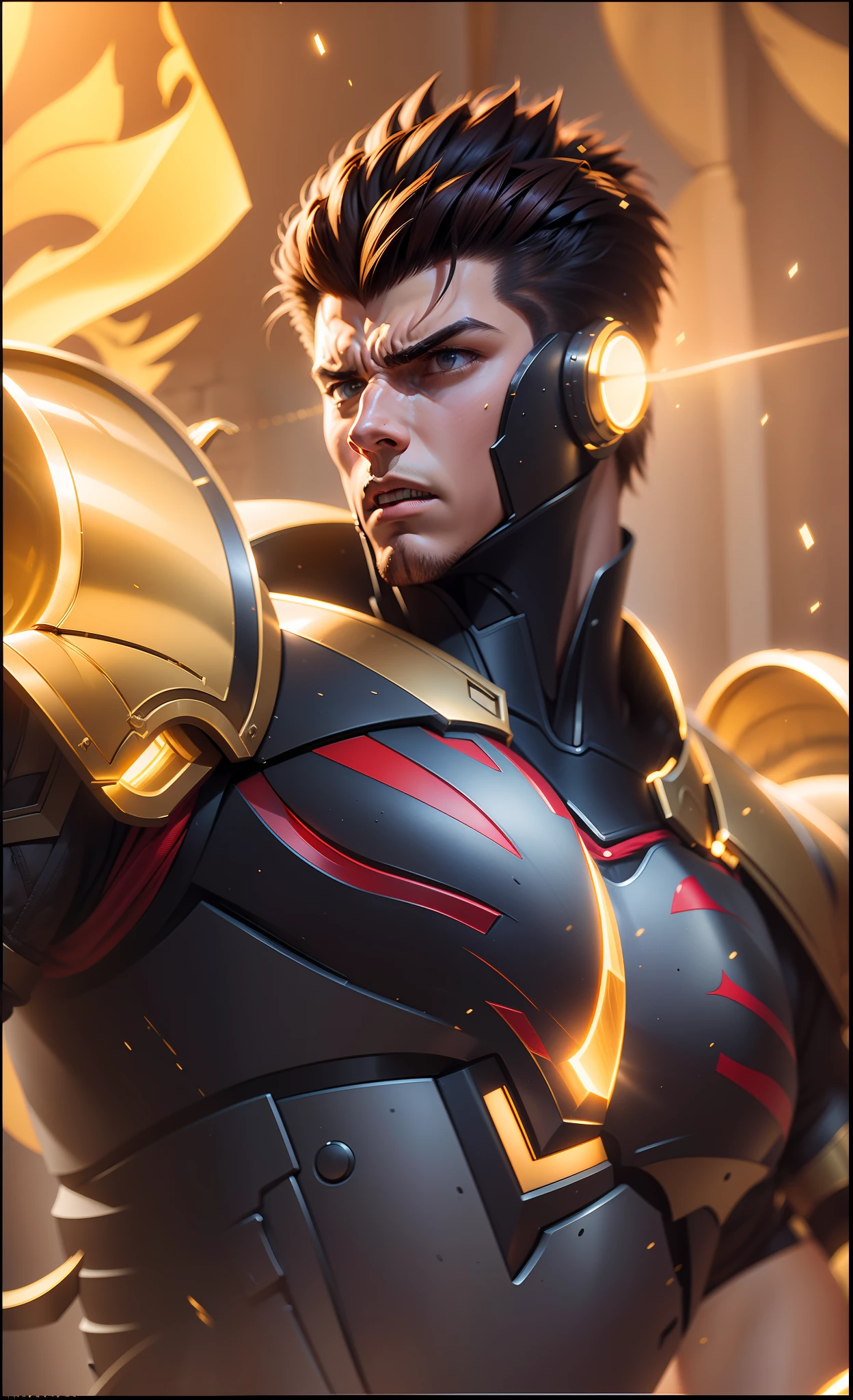 ((8k resolution)), ((Character)), 1boy, 25y.o, black armor on body, gold armor on arm, angry face, brown hair, short hair, mowhawk hair, red accessoric on a armor body, Realistic anime, Paquito, Character, Ultra detail, Realistic