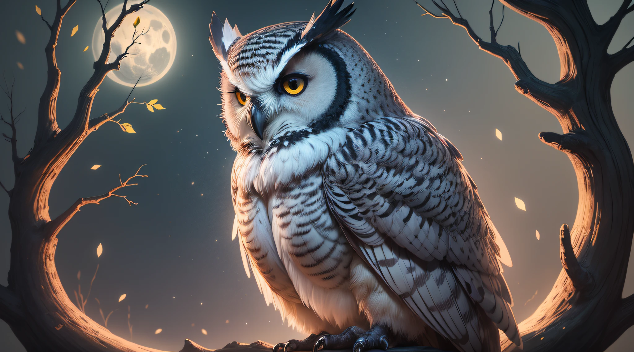 "Coruja da meia-noite": A mystical, nocturnal scene showing a majestic owl perched on a twisted branch under a crescent moon, with an air of mystery and enchantment, perfect for a Halloween-themed T-shirt, Ultra realismo, color field printing, High detail, UHD, 8k, anatomicamente correto, cinematic lighting 4d quality