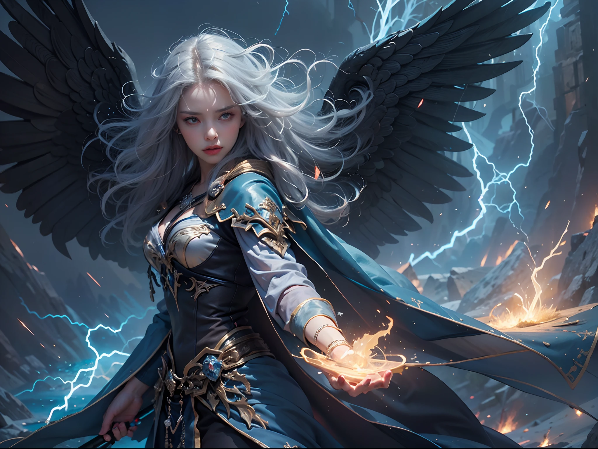 arafed high details, best quality, 8k, [ultra detailed], masterpiece, best quality, (extremely detailed), dynamic angle, ultra wide shot, photorealistim, RAW, fantasy art, dnd art, fantasy art, realistic art, a wide angle picture of a female aasimar sorceress casting a lightning spell, full body  (intense details, Masterpiece, best quality), D&D aasimar, exremley beautiful female aasimar, silver hair, long hair, wavy hair, dynamic eyes color, angelic eyes, radiant magical eyes, ultra detailed face (intense details, Masterpiece, best quality), spread angelic wings, white angelic wings (intense details, Masterpiece, best quality),  wearing [black] robe, wearing blue cloak, long cloak, flowing cloak with lightning motifs (intense details, Masterpiece, best quality), armed with magical staff (intense details, Masterpiece, best quality), manipulating lightning magical energy (intense details, Masterpiece, best quality), controlling lightning, dark fantasy magical tower background, evil temple background (intense details, Masterpiece, best quality), ready for action