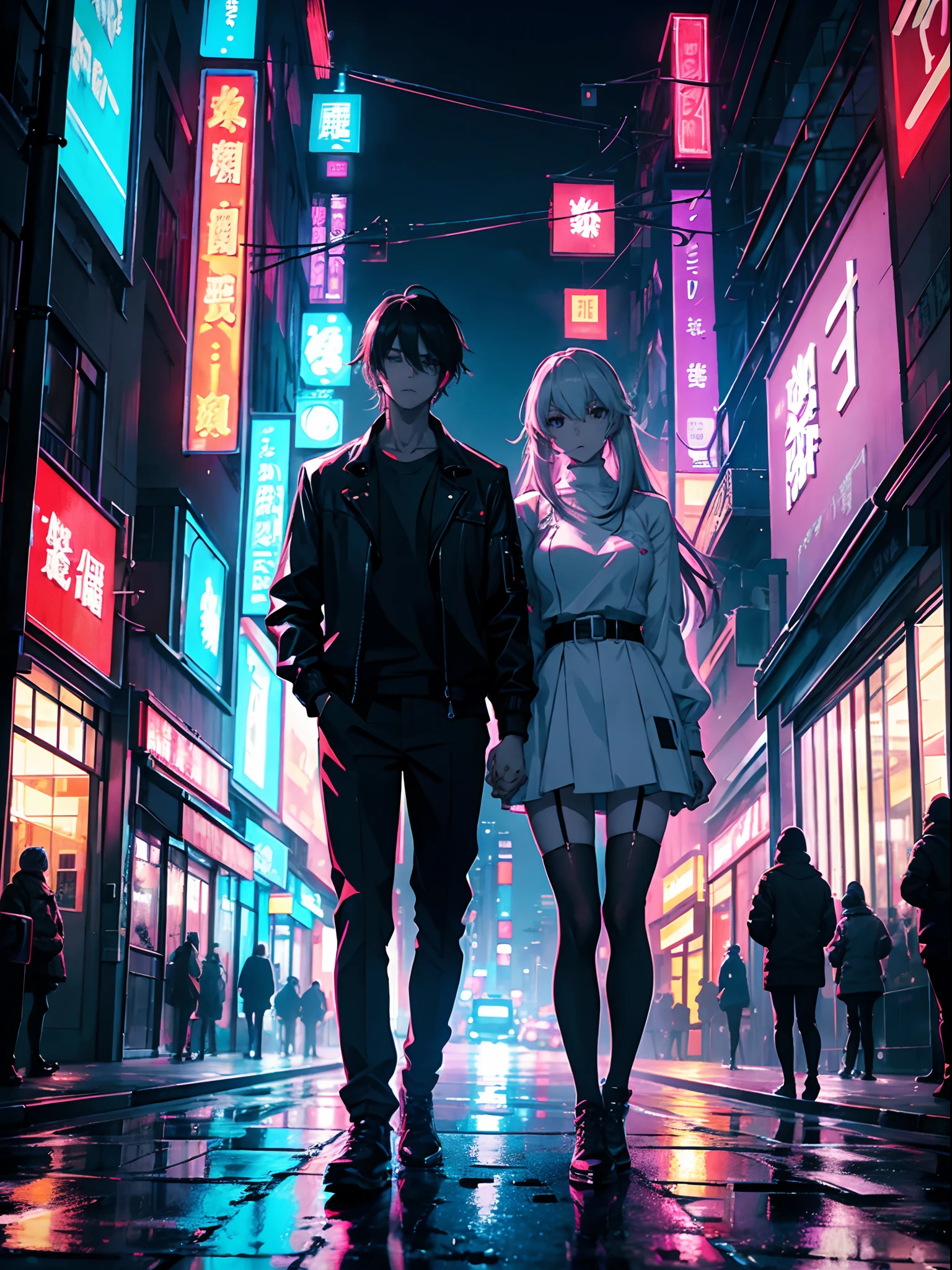 tmasterpiece, high detal, couple，Stand on the street ，Hand in hand in cyberpunk style, 城市, neonlight, Lots of lighting.