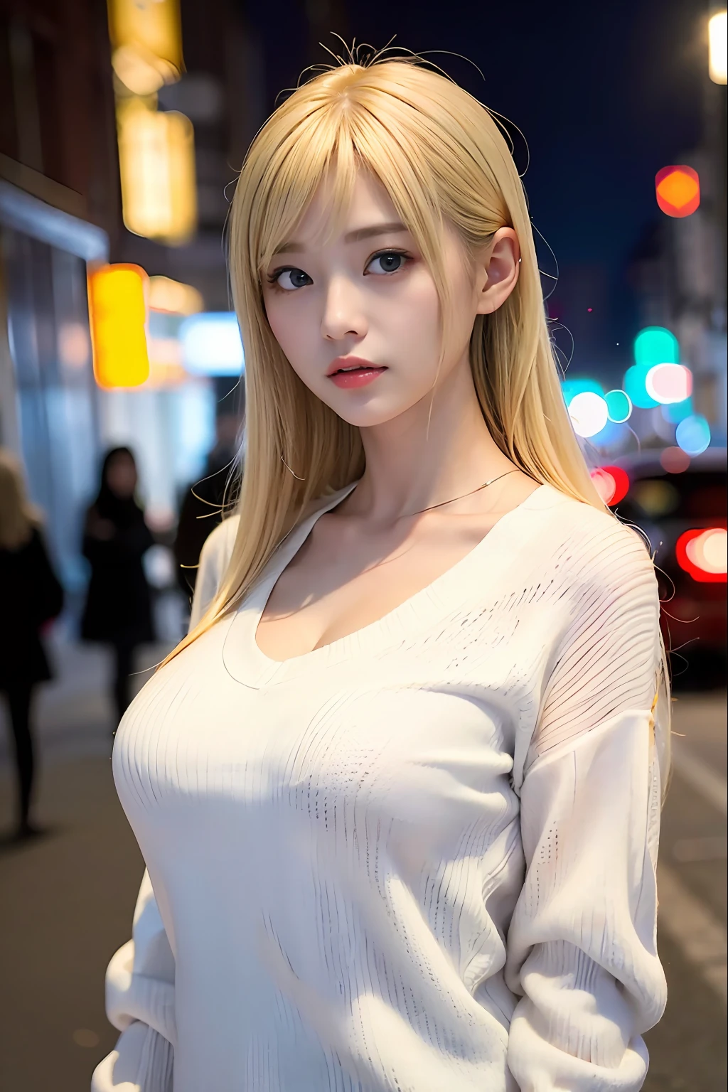 top-quality、超A high resolution、(Photorealsitic:1.5)、女の子1人、White sweater、(a blond:1.2)、(huge-breasted:1.2)、On the street at night、looking at viewert、a closeup、full body Esbian、Nasty eyes