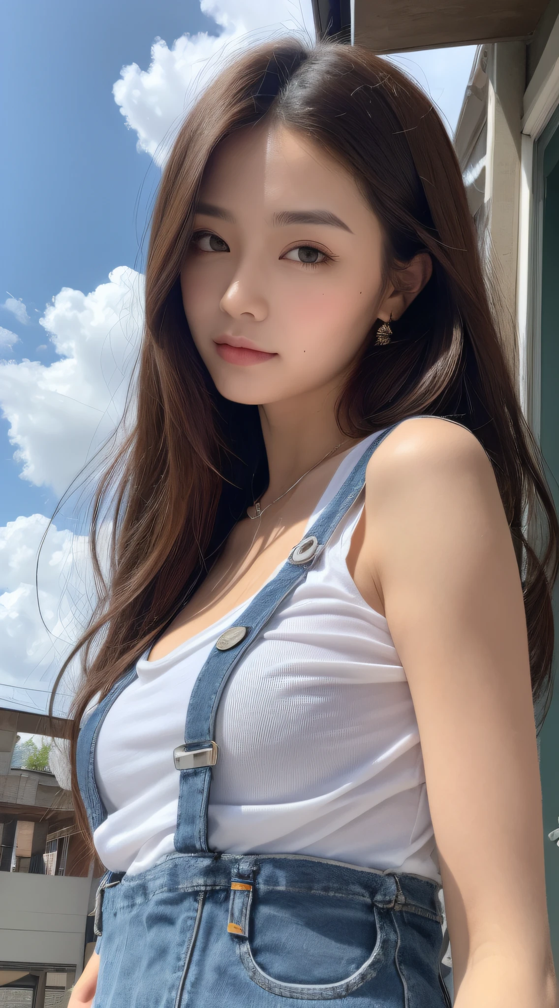 (Daytime, Excellent, 8K, Masterpiece:1.3)), Full body, Long legs, Focal length: 1.2, Perfect Body Beauty: 1.4, Slim Abs: 1.1, ((Dark Brown Hair, Big Breasts: 1.2 )), (White Skinny T-shirt, Denim Suspenders, Standing: 1.2), ((City, Blue Sky and White Clouds: 1.3)), Highly detailed face and skin texture, Detailed eyes, Double eyelids, Flying long hair