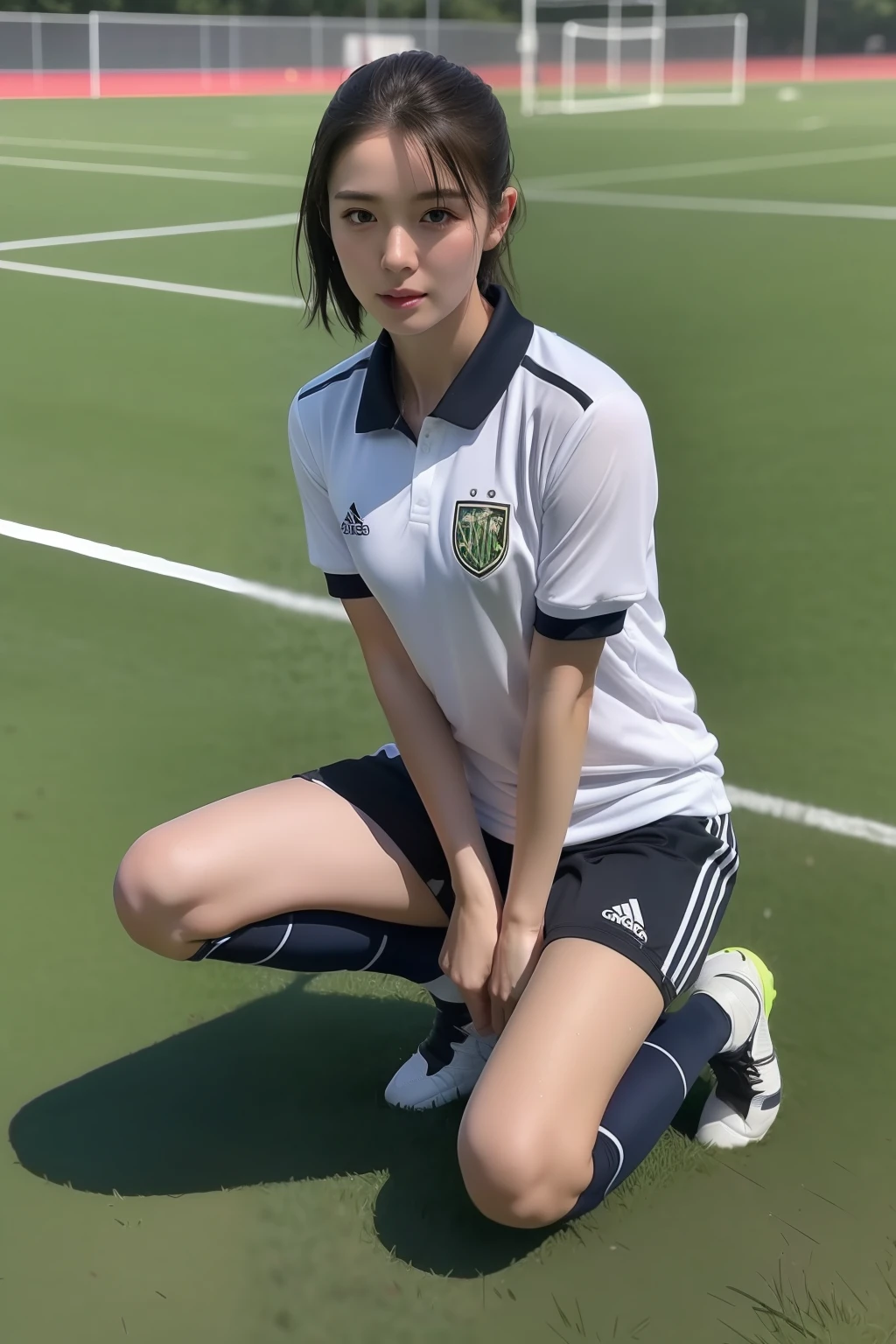 ((Top Quality, 8k, Masterpiece: 1.3)), (kneeling on the floor, open legs :1.2), Perfect Body Beauty: 1.4, large_breasts, Beautiful Woman, 1 Woman, Big: 1.4, Slender Figure: 1.1, Toned Abs, Dark Brown Hair, short hair, (soccer, Wet Body, soccer Uniform: 1.1), Ultra Detailed Face, Detailed Lips, Detailed Eyes, Double Eyelids, Soccer field,