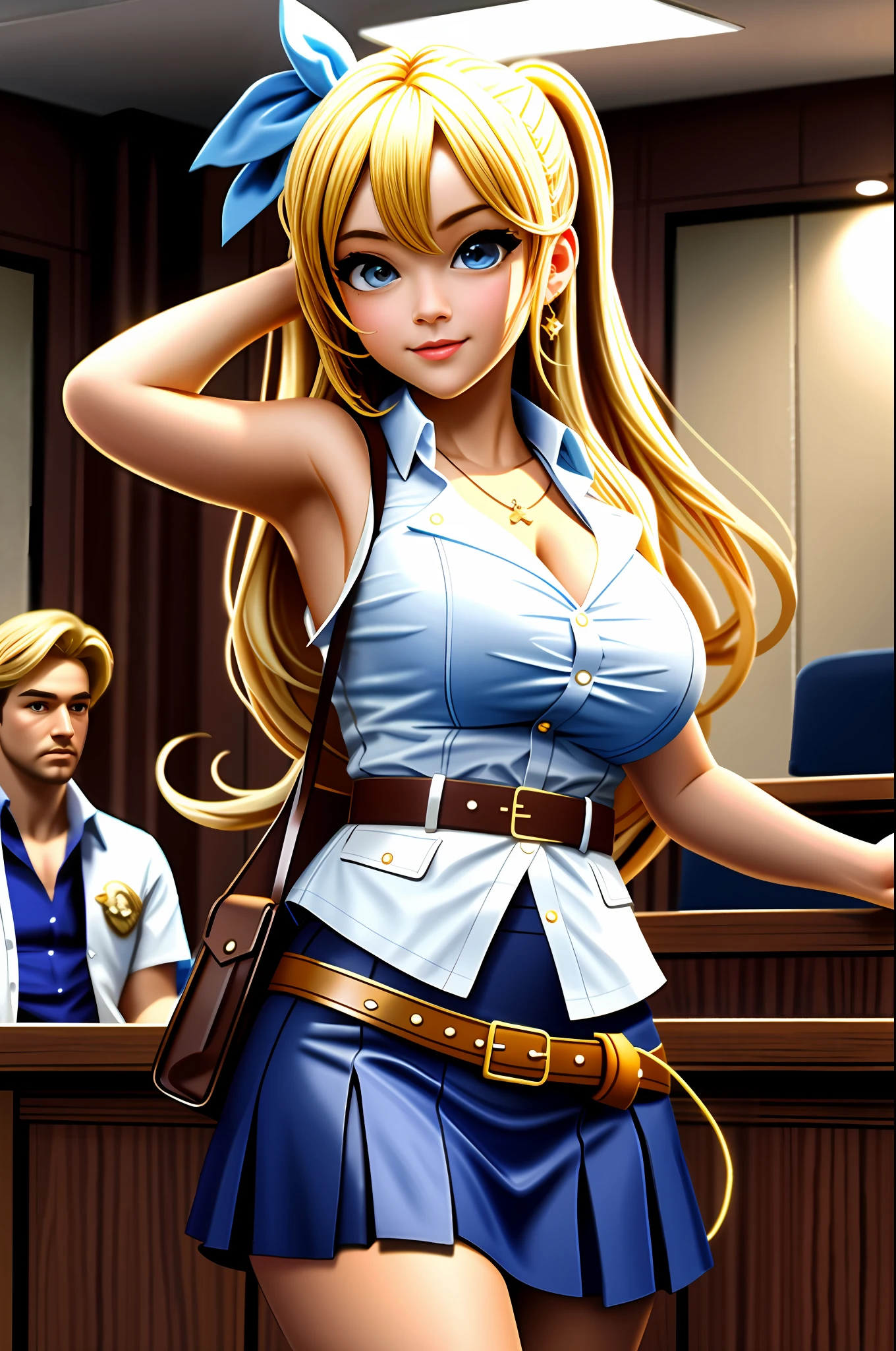 masterpiece, best quality, highres, lucy heartfilia, blonde hair, long hair, large breasts, white shirt, sleeveless, belt, blue skirt, cowboy shot, pointing, indoors, courtroom,