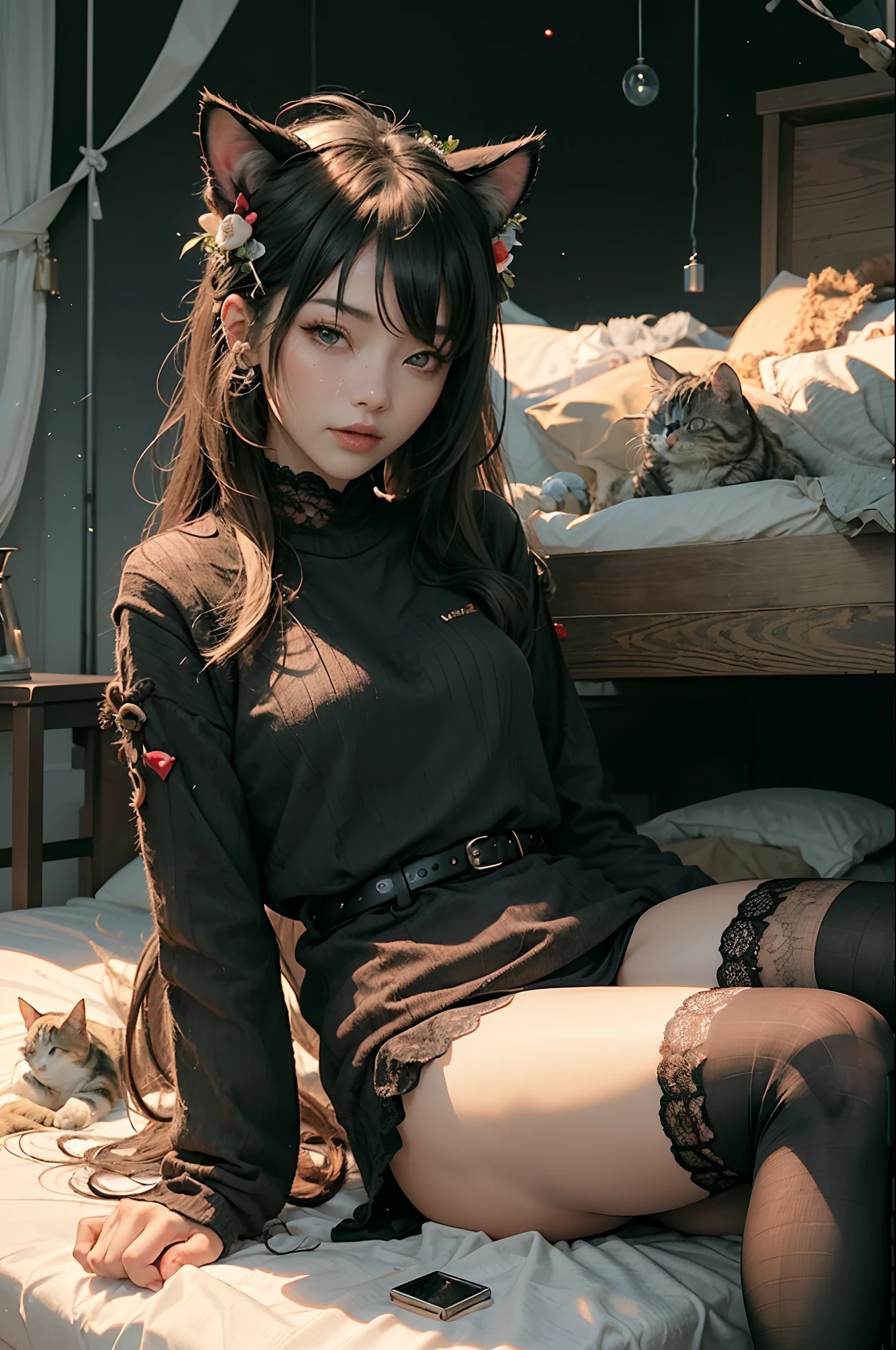 8K分辨率,a beauty girl,hot girls,solo person,goddes,Keep one's mouth shut,Cat ears,Be red in the face,is shy,Naughty face,long whitr hair,whaite hair,比基尼,stocklings,lie,spread their legs,Beds,over knee socks,Lace wreath on the legs