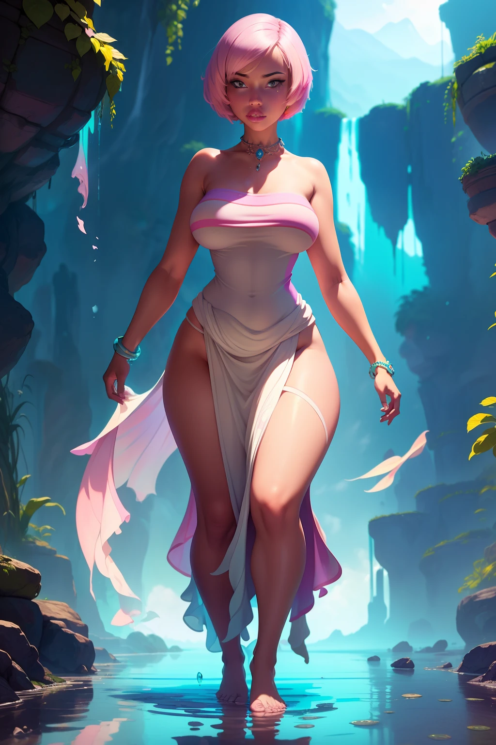 (full body:1.2), (1girl:1.2), (masterpiece:1.4, best quality), colorful short hair, huge breasts, glowing eyes, (intricate details),ultra detailed, (pastel colors:1.3), perfect face, beautiful and aesthetic, detailed, solo,((walking on water)), background is a fantasy world, naked