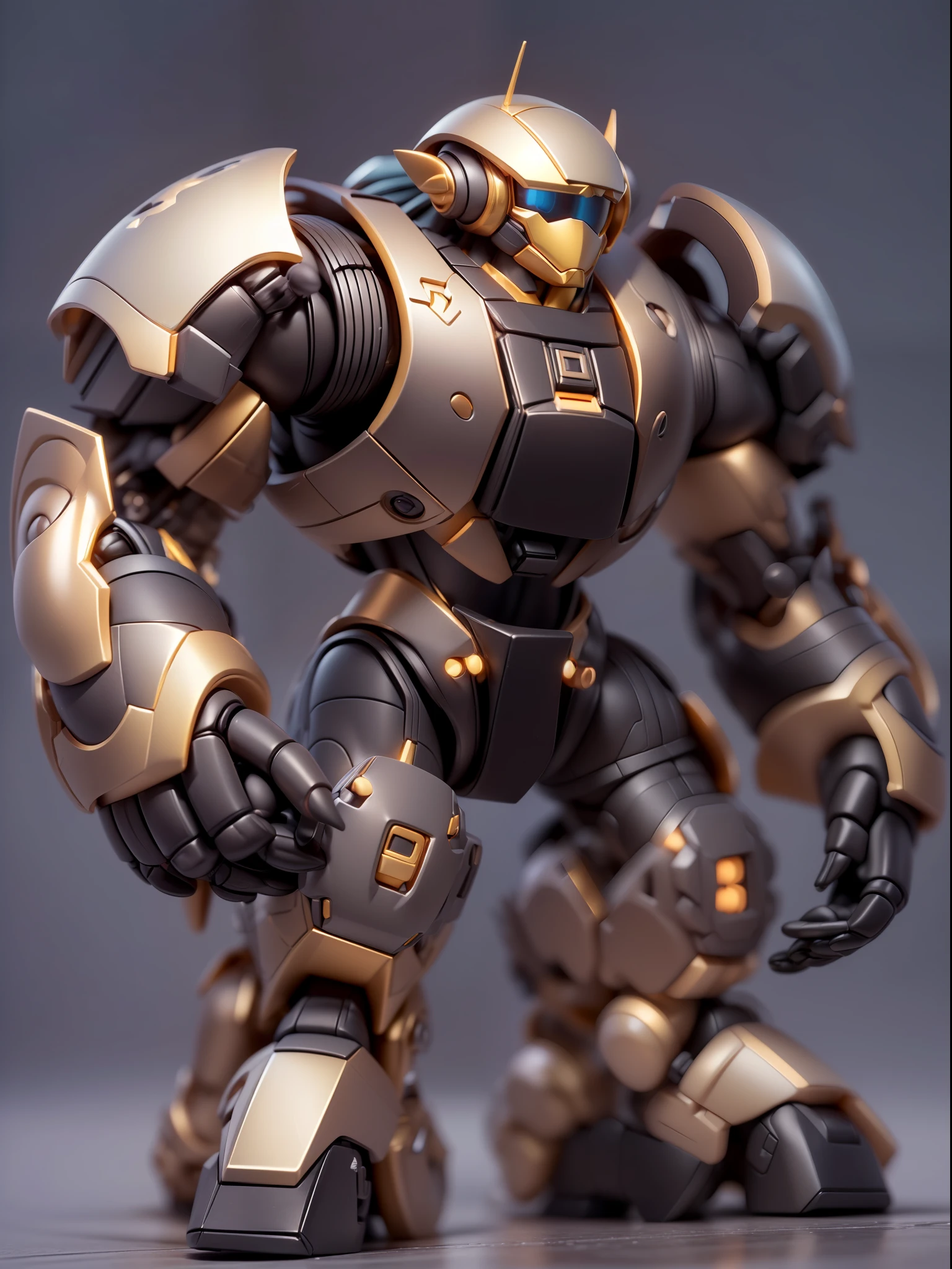 (Blind box toy style:1.3),((Full body shot))(anthropomorphism) , (1 strong monkey mecha warrior)(((solo))) metal mecha,dreamy glow, Clean dark background,Brown black style，(circular base）( Global illumination, Ray tracing, hdr, unreal render,reasonable design, high detail, Masterpiece, Best quality, hyper HD, Cinematic lighting)