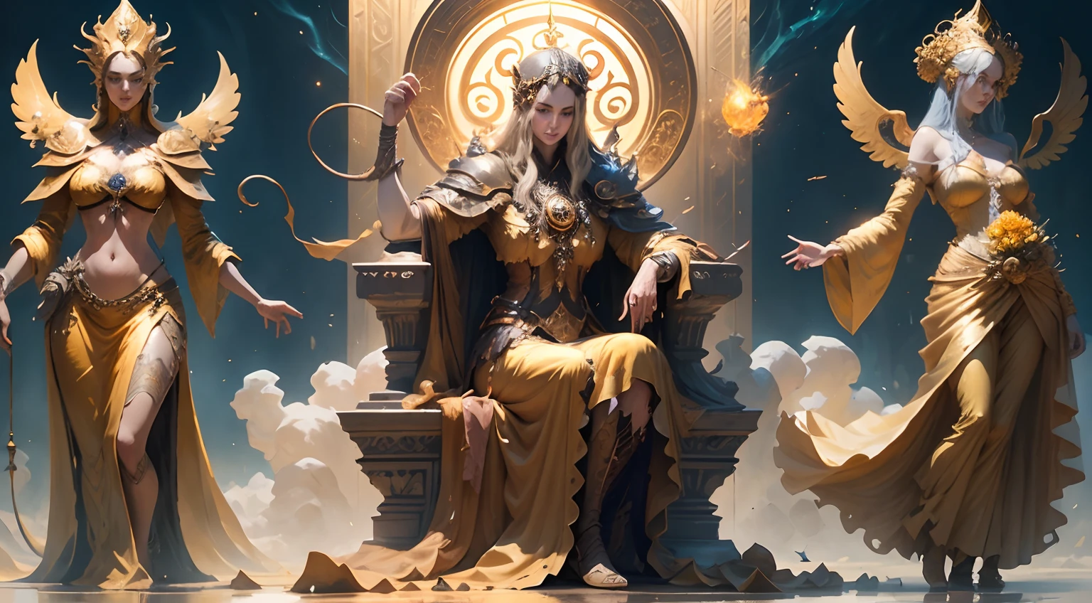 Three statues of women in golden clothes sitting on a throne, arte fantasia behance, O Deus Imperador da Humanidade, Vencedor do concurso Artstation, O melhor da artstation, trending on ArtStation:3, cgsociety artstation, Wojtek FUS, Artstation on trend, Arte do Jogo de Cartas de Fantasia, Mohrbacher, fanart melhor artstation, Pedro Mohrbacher. Motor irreal