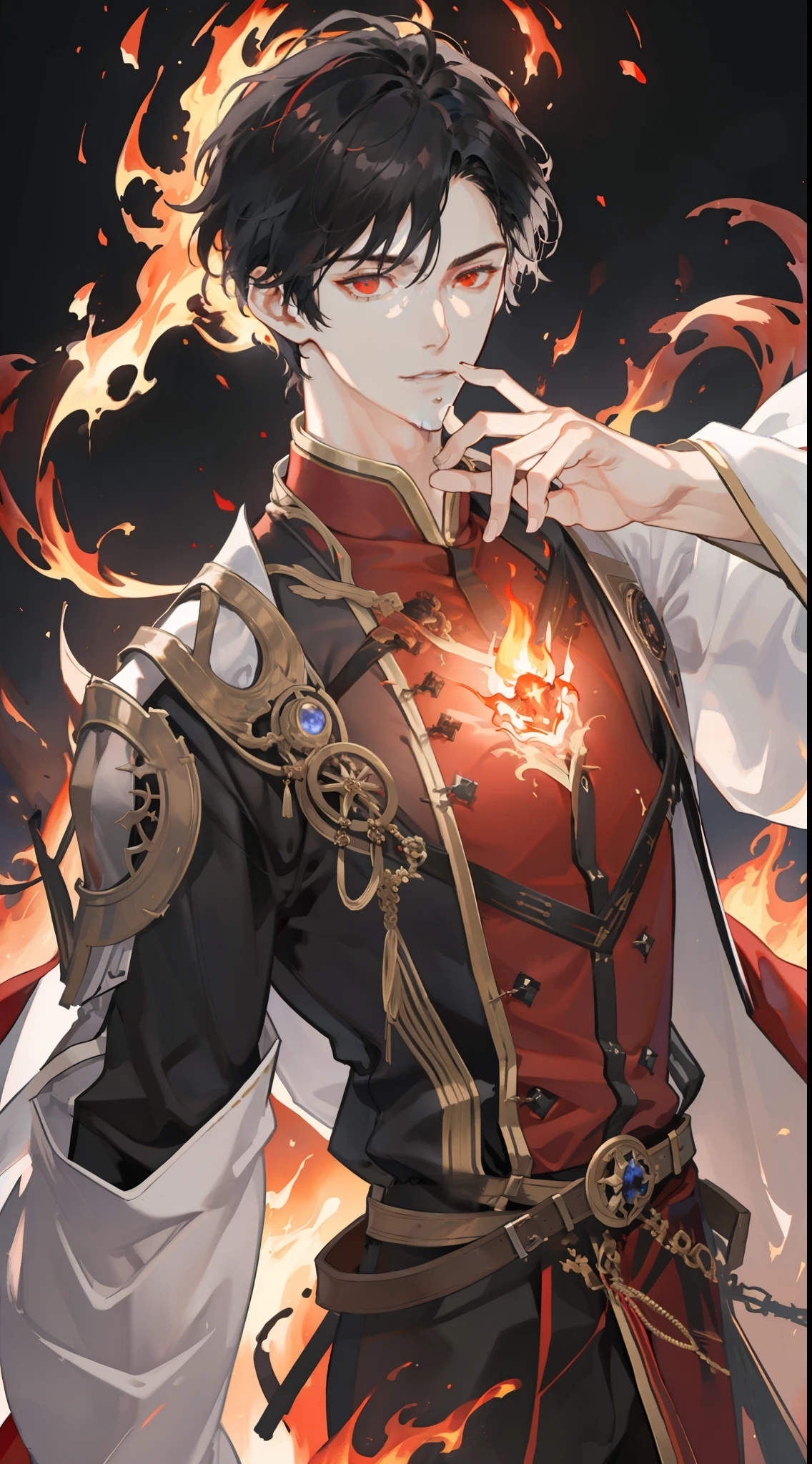 masterpiece, best quality, 1 male, adult, handsome, tall muscular guy, broad shoulders, finely detailed eyes and detailed face, extremely detailed CG unity 8k wallpaper, intricate details, short black hair, red eye, long robe, fantasy, magnificent background, he is dancing with fire, magic effect, flame, depth of field