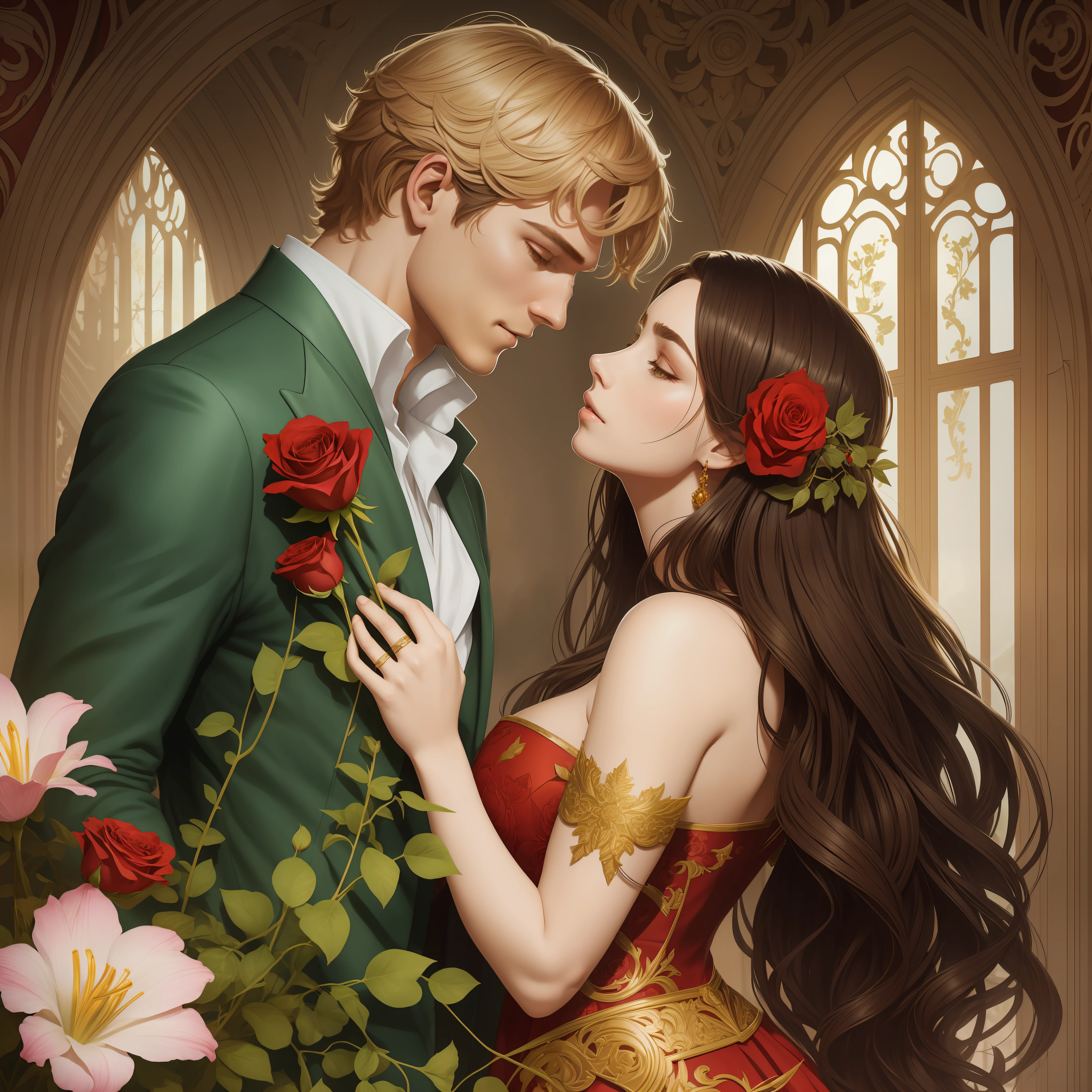 Couple kisses a home and a woman with much affection, the man Neels Visser is a prince who has golden blonde hair, wears a medieval military outfit and is in love with the commoner woman Lily Collins, who has curly brown black hair and wears a red dress, illustration of a romance book cover with a detailed background,  smooth, bright full of ivy-covered flowers and red roses, castle, ornate dress standing on a bed of roses, rim light, dynamic lighting, ethereal lighting, ultra detail, conceptual art, elegant, surreal, art by Lisa Aisato, Greg Hildebrandt, Citemer Liu, Stjepan Sejic, Samyang, Aykut Aydogdu, Justin Gerard, Alphonse Mucha, Artgerm, WLOP and Greg Rutkowski