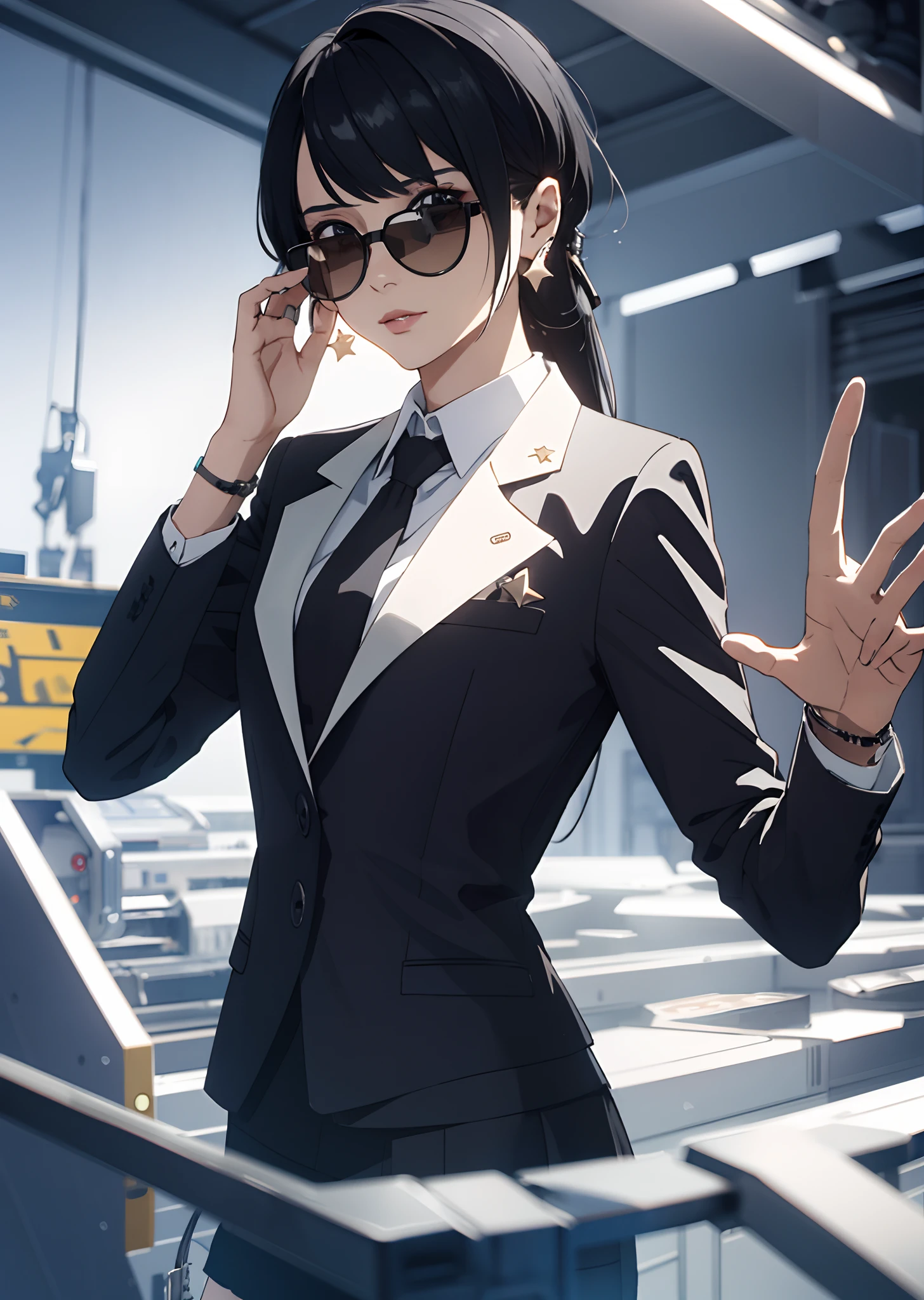 (tmasterpiece,best qualtiy:1.2),独奏,1girll,Evil look,looking at viewert,Brown eyes,long whitr hair,Completely black hair,Qi bangs,Commercial suit top,black long sleeves(The best quality),black short skirt,With translucent sunglasses on his face,beautidful eyes,Only 2 arms,Black hexagram star earrings, (Wallpapers), (8k hdr), (8k hdr)