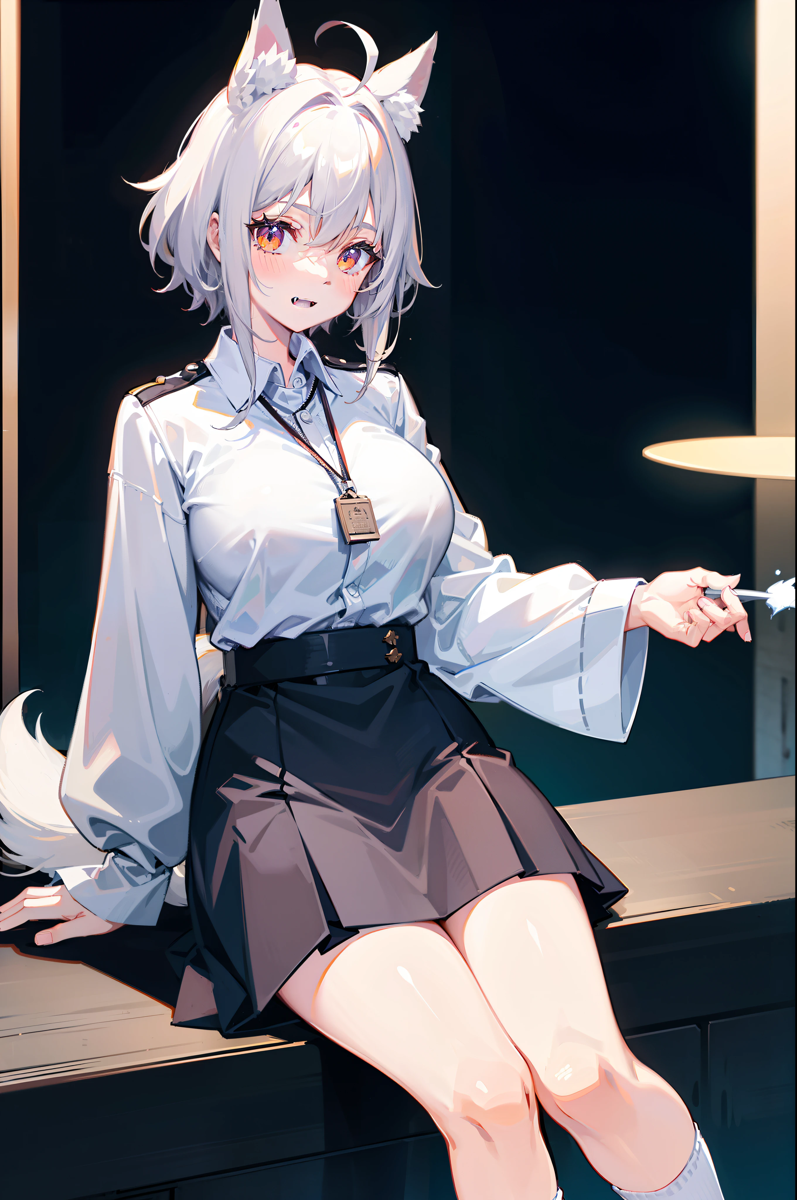 Accurate, Blush, A dog tag is worn around his neck, ((White color blouse)), (Huge white sleeves), ((black short skirt)), (White knee-length socks), (Brown leather shoes) , sit on a bed, (White hair), ahoge, hair between eye, short detailed hair, Yellow eyes, (((Dog ears))), Light smile, ((Showing fangs)), High detail, anime big breast, Anime style, Verism, Chiaroscuro, Motion blur, Ray tracing, Vignetting, tachi-e, first person perspective, tachi-e, first person perspective, hyper HD, retinas, Masterpiece, Anatomically correct, Textured skin, Super detail, High details, High quality, Award-Awarded, Best quality, A high resolution, 16k,Huge dog tail,Handsome