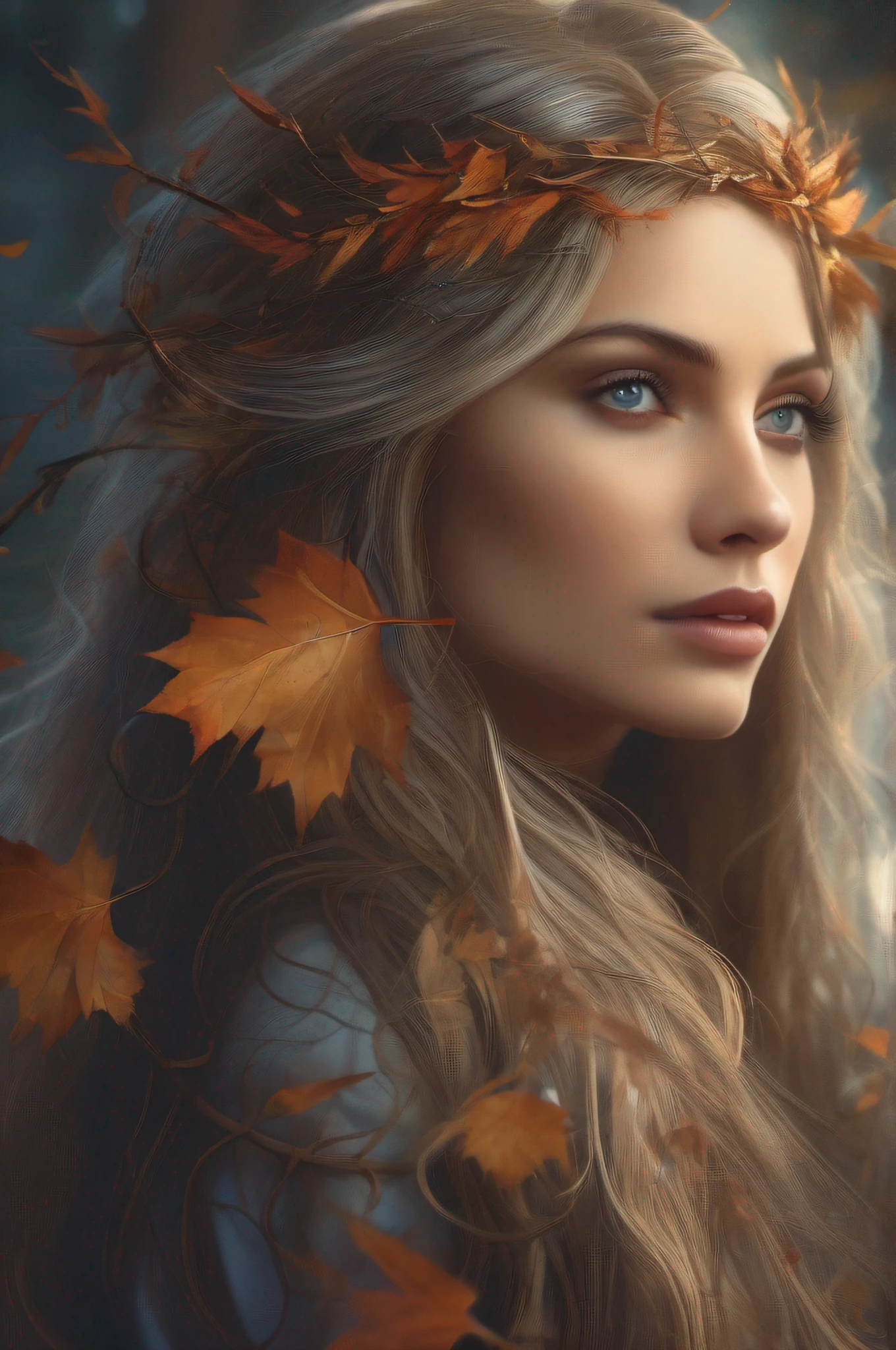 A stunningly detailed close up portrait of a mystical woman with long flowing hair, looking thoughtful. She has elvish ears, flawless skin and is wearing an intricate dress woven from autumn leaves and branches. Soft lighting, moody. Intricate, highly detailed, digital painting.