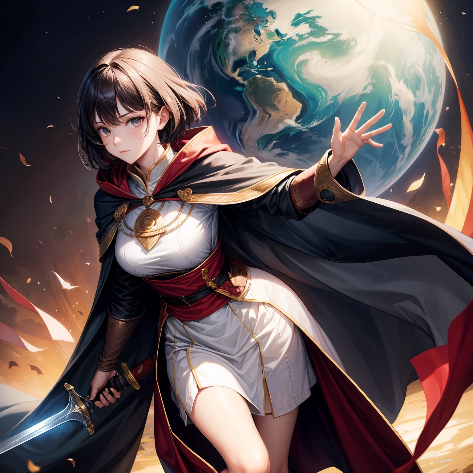 Female braves、a beauty girl、A dark-haired、Shorthair、Travel clothes、hair adornments、cloaks、globe、is standing、full body seen、Looking at the camera、Holding a one-handed sword、Low exposure
