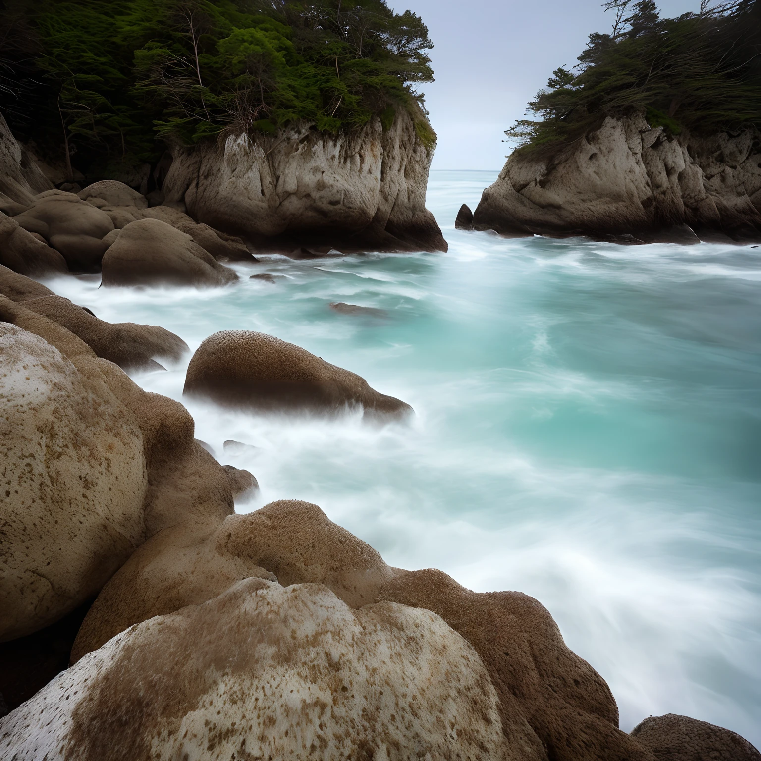 Un primer plano de una playa rocosa con rocas y agua, Rocas brillantes, Rocas cubiertas de musgo, mystical setting, Roca musgosa, Piedra musgosa, Scenery Photo, Rocas grandes con musgo grueso, breathtaking composition, por Darek Zabrocki, epic sunrise, hd nature photography, Mar, ocean