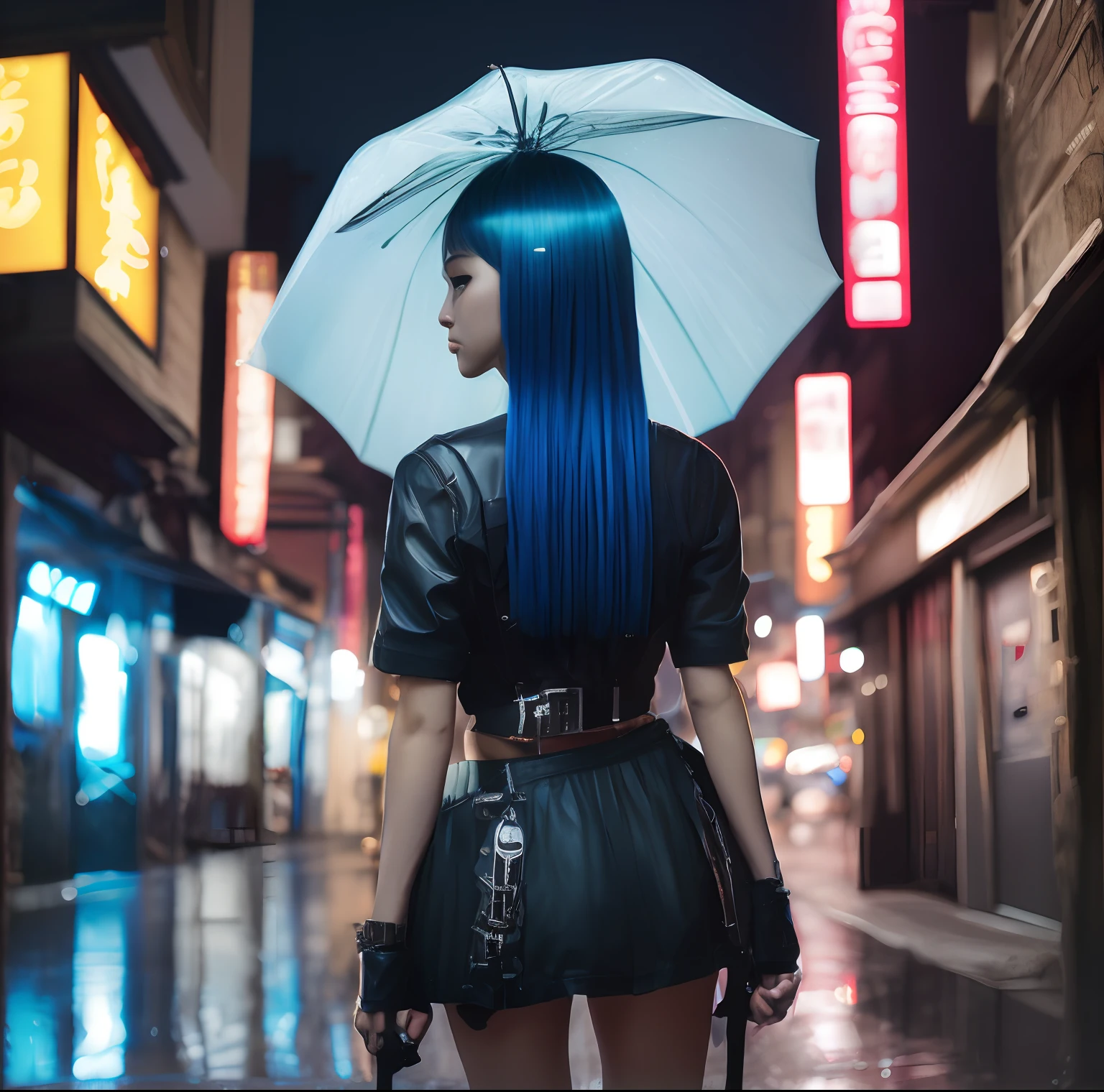 (best qualtiy,tmasterpiece:1.3), 1girll, rainy days, mist, alleys, umbrellas, Large and transparent umbrella, looking at viewert, blue hair, facing the photo, Cyberpunk-city, Alone in the alley, Neon lights in the alley, Very reflective city, long whitr hair, Hair-sized strands cross the alley, Riman, jpn, toyko, Garter belt on one leg, Knee pads on the other leg, perfect hand,delicated,the night,nakeness