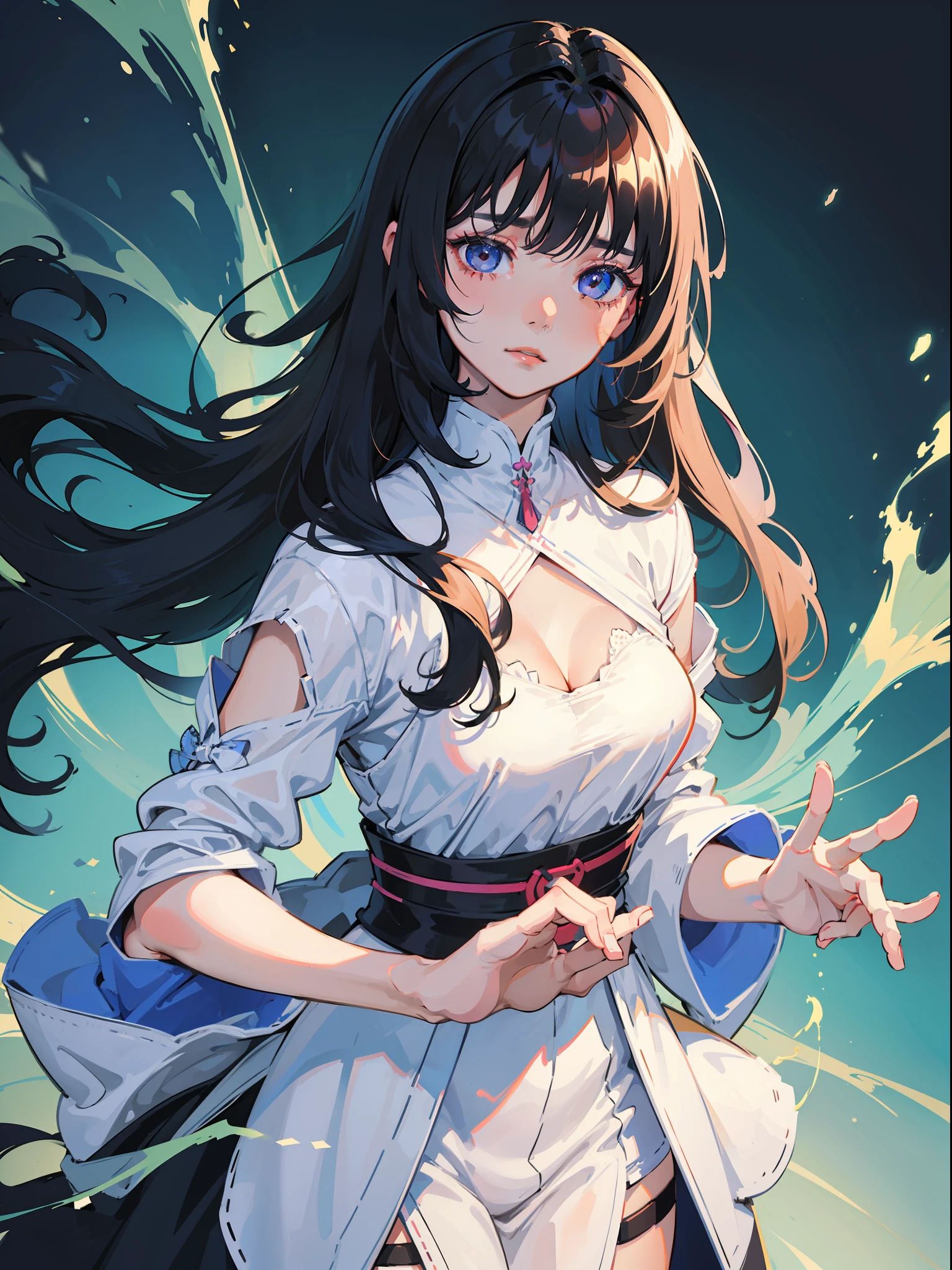 A black-haired anime girl with a plain background, illustrated in a minimalistic style, pastel palette, naturalistic lighting, detailed facial features, intricate hairstyle, detailed eyes, illuminated by neon accents, realistic yet fantasy-inspired clothing, trending on artstation.
