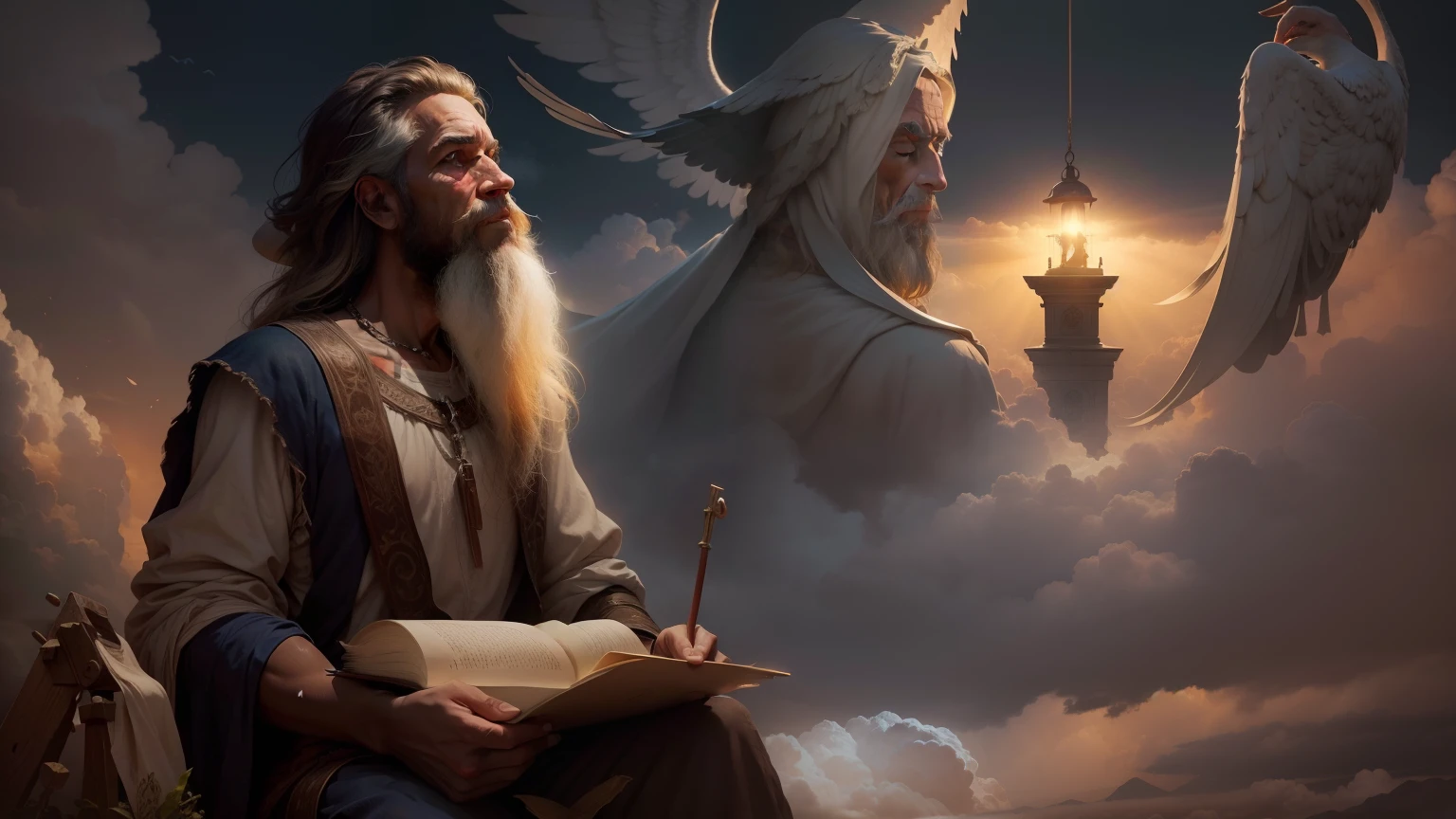 Old prophet John, appearance of a slave chained in the hands and feet. escrevendo no seu papiro as palavras de Deus. Realistic sky with the ark of the covenant in the heavens. Image with very high lighting quality. Very high resolution image, imagem hiperdetalhada, image with very high coloration, imagem hiper realista