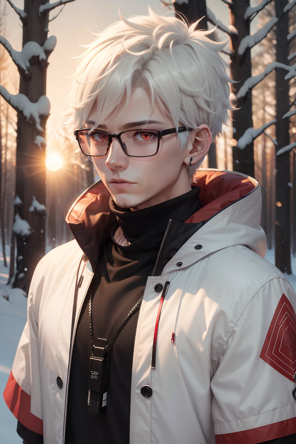 16k（tmasterpiece，k hd，hyper HD，16k）with short white hair，the setting sun，snowfield，ln the forest，short- sleeved，beast ear，Libido boy，red color eyes，Handsome，Cold，black-frame glasses，Headsets，sideface，