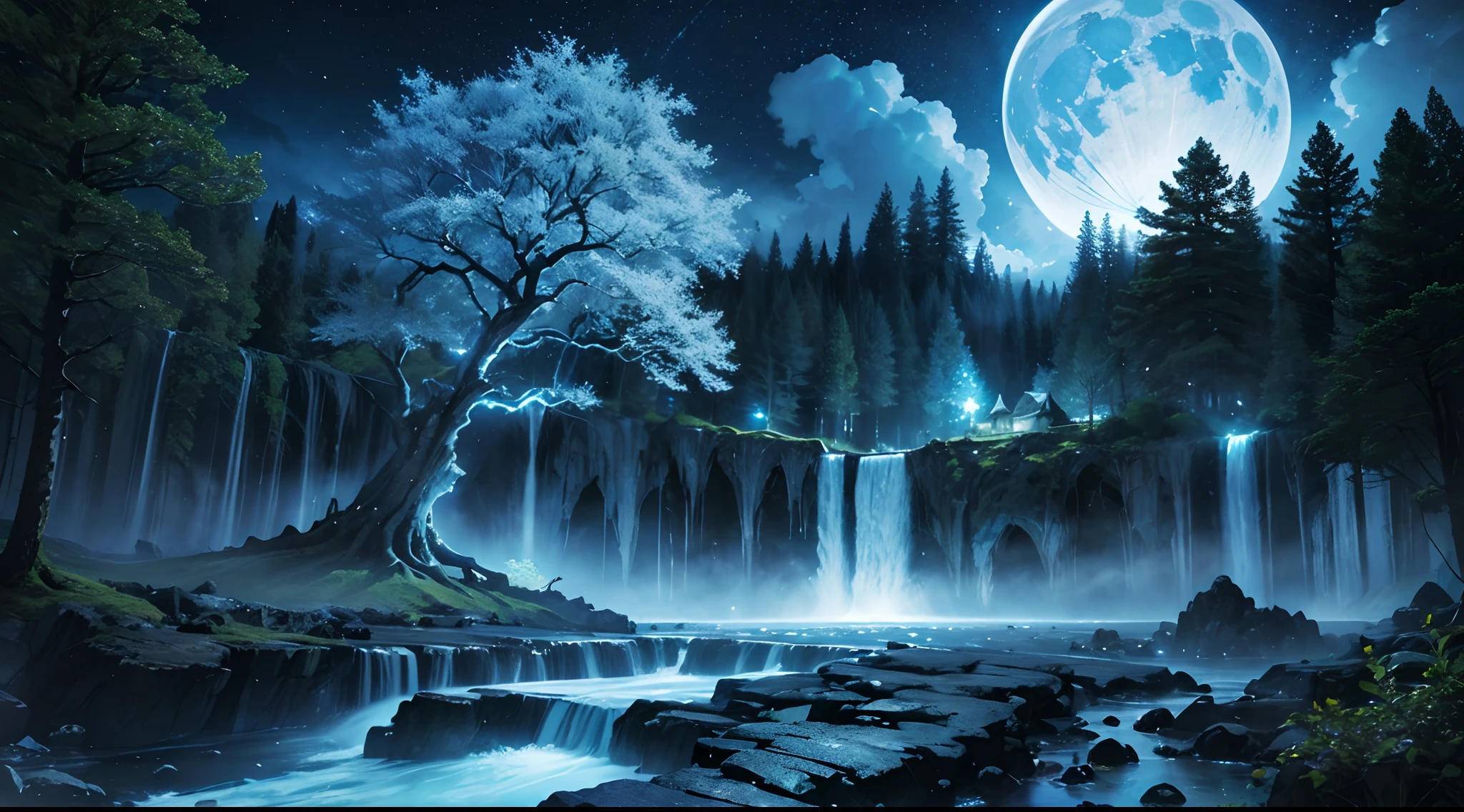 ultra detailed, beautiful and aesthetic, beautiful, masterpiece , mystery , atmospheric , fantastic , supernatural , best quality, dark cloudy night , 1 tree , very huge and very tall ancient fantasy tree , 1 huge blue glowing tree , tree splitting cloudy sky and moonlight beam coming down , flower field , few stone and cliff , shining tree , fantasy glowing bird around it , tree gathering blue glowing magic , blue shining river passes , river emitting blue magic , river make waterfall ,  (ultra detailed scene) , (ultra detailed tree) , (ultra detailed moonlight beam) , (ultra detailed glowing river) , (ultra detailed waterfall)