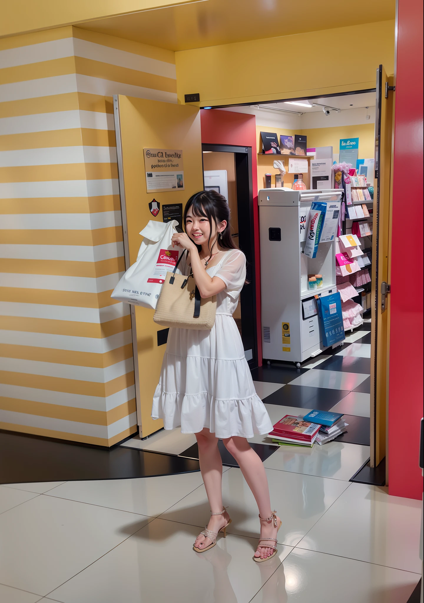 There was a woman standing in the store,Holding a bag,wearing a cute white dress,